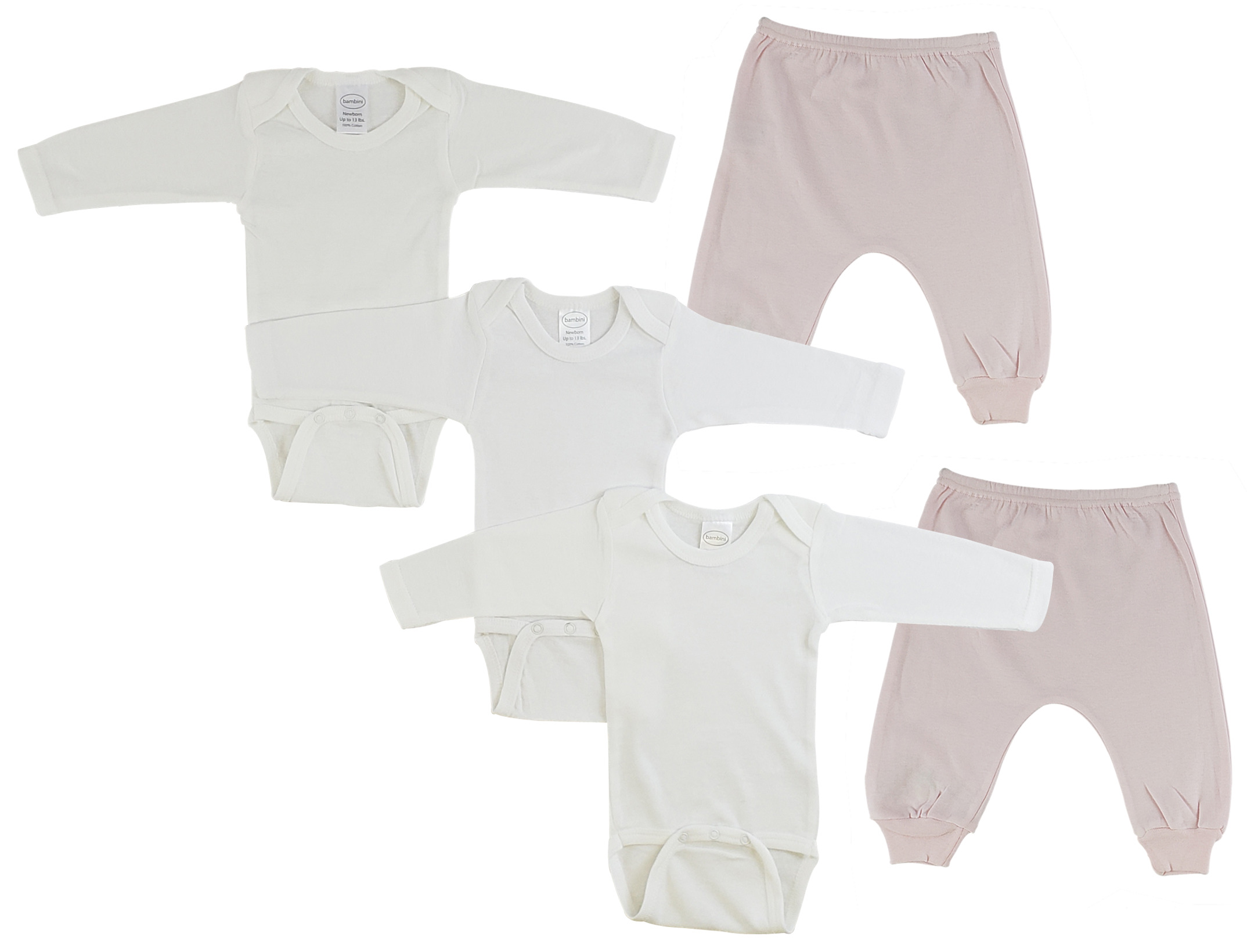 Infant long sleeve onezies and joggers set in pink and white, made from 100% cotton, showcasing comfort and style for babies.