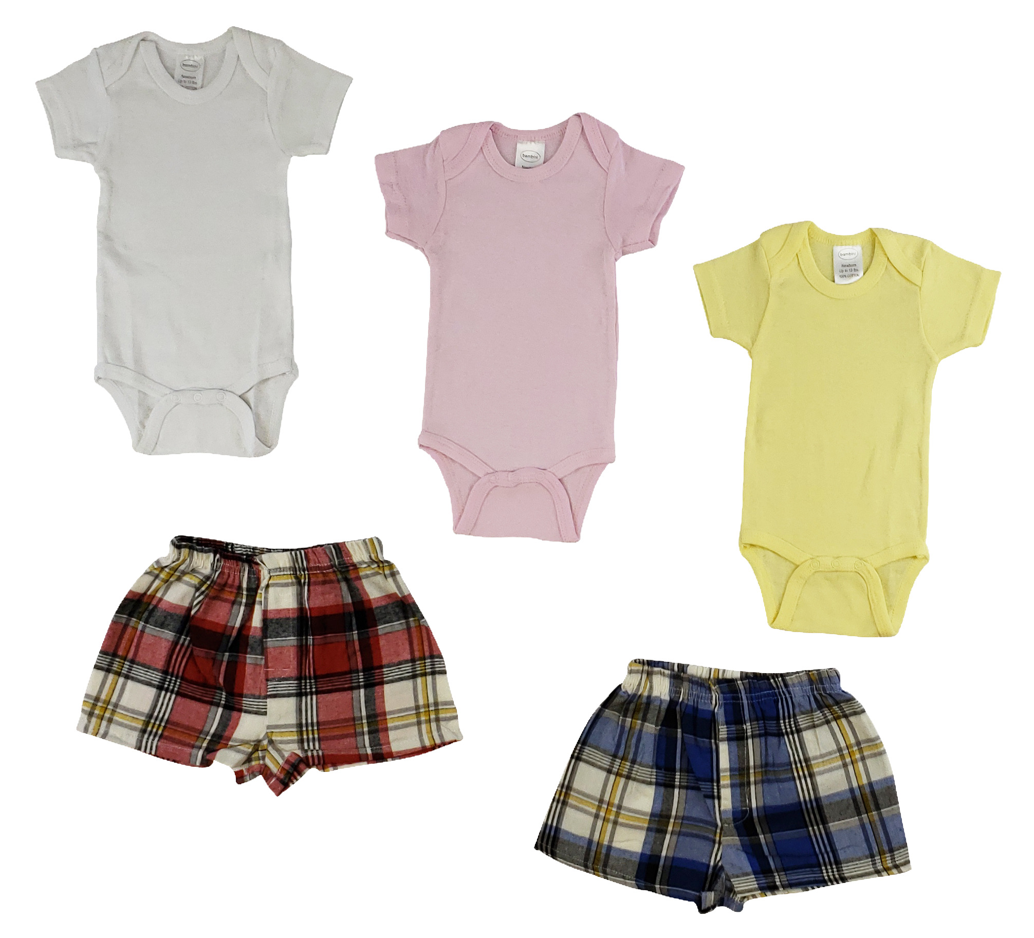 Infant Onezies and Boxer Shorts set made from 100% cotton, featuring short sleeves and a cozy design in pastel colors.