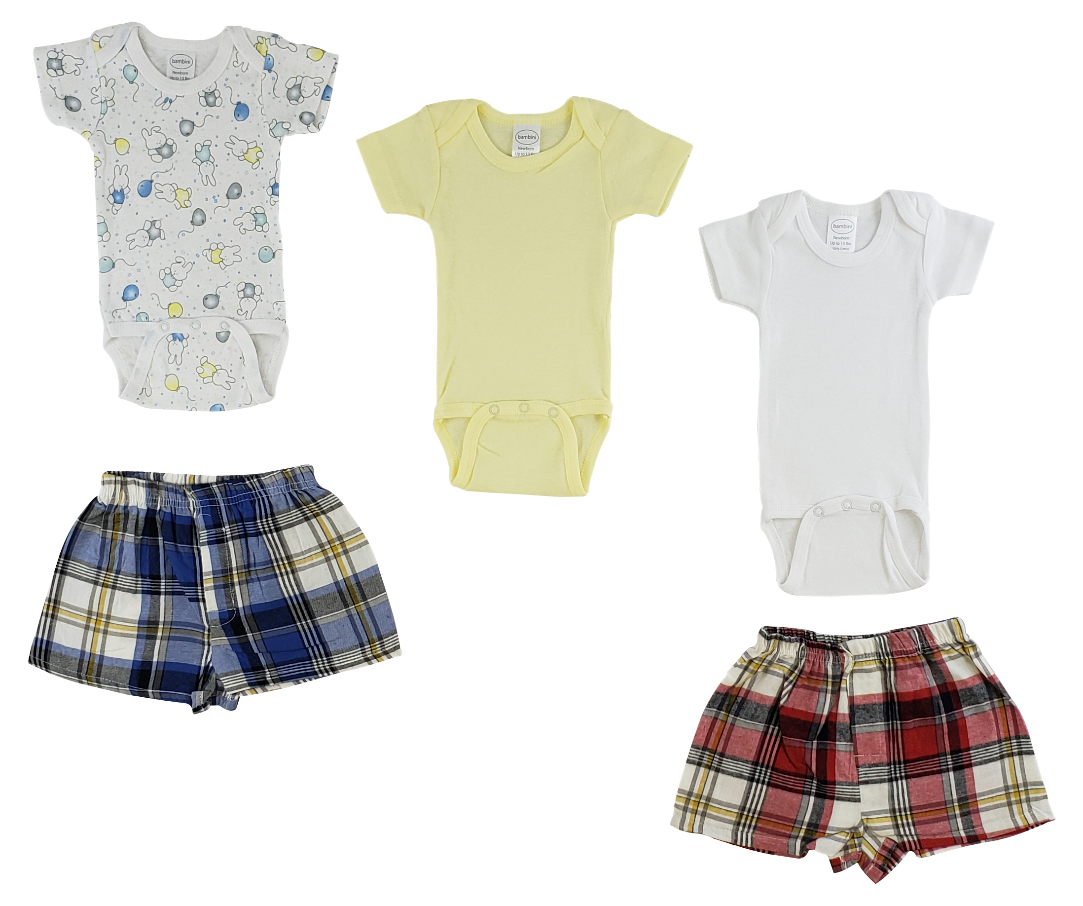 Infant Onezies and Boxer Shorts made from 100% cotton, featuring short sleeves and ribbed leg openings for comfort.