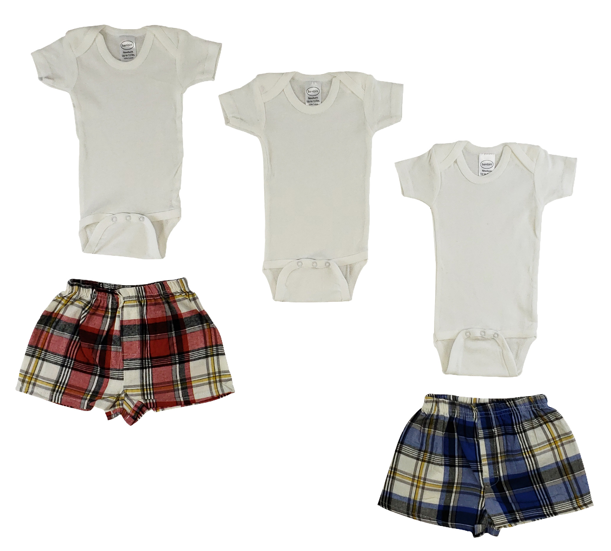 Infant Onezies and Boxer Shorts set made from 100% cotton, featuring short sleeves and a soft, breathable design in classic white.