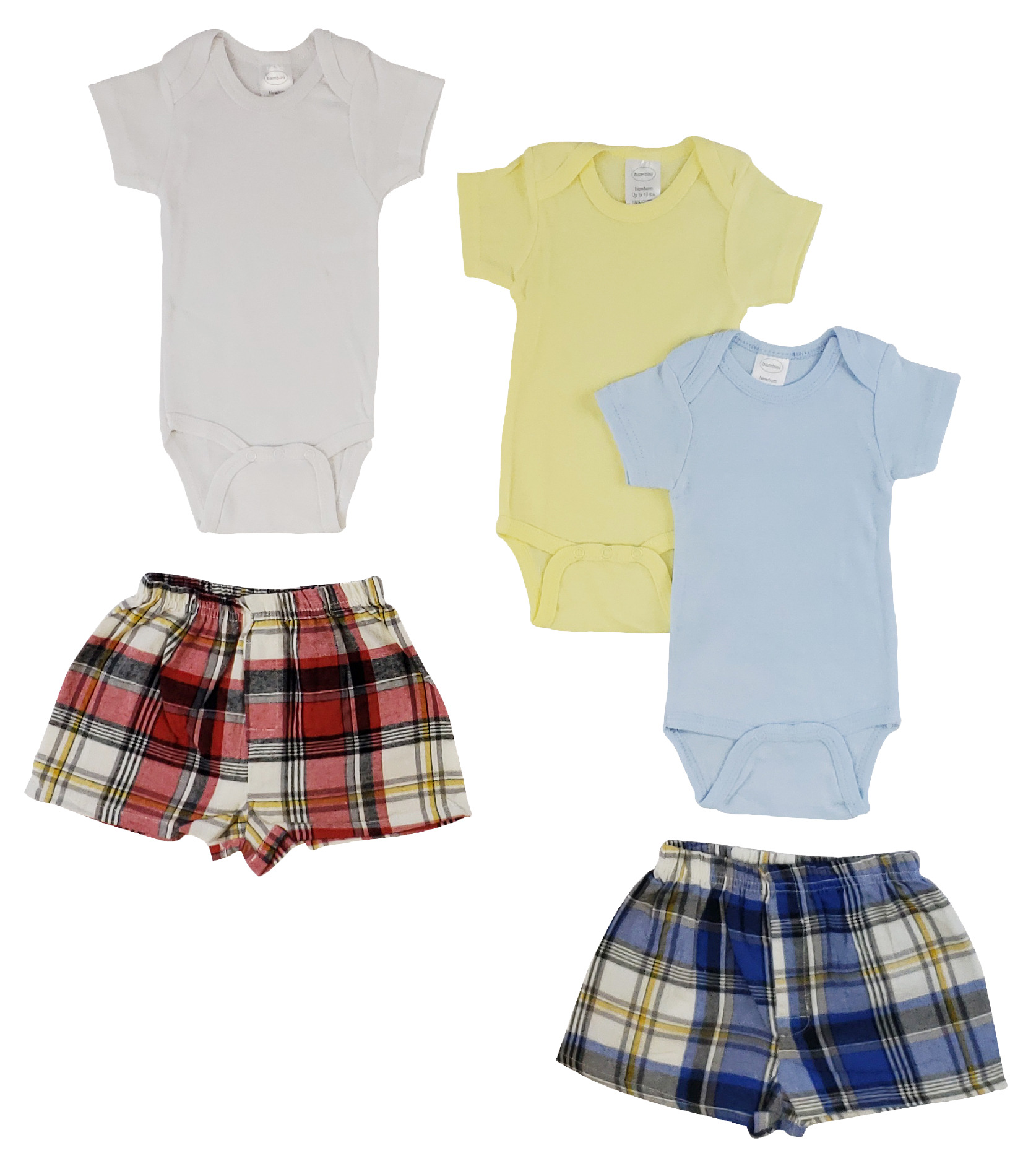 Infant Onezies and Boxer Shorts set made from 100% cotton, featuring short sleeves and ribbed leg openings in soft pastel colors.