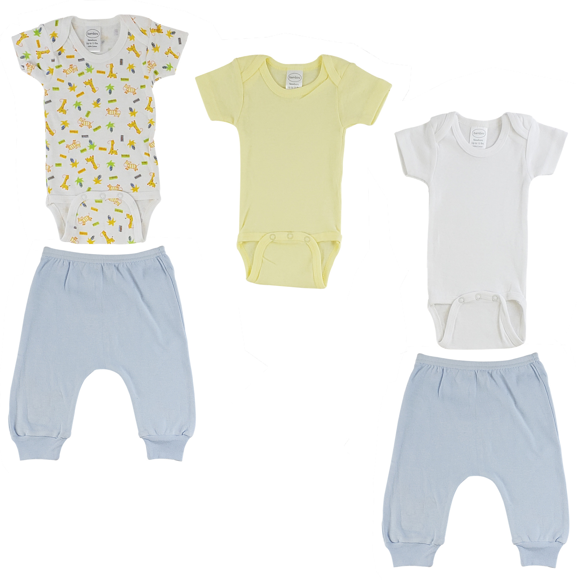 Infant onezies and joggers set in soft cotton, featuring a white short sleeve onezie and blue jogger pants, perfect for baby comfort.