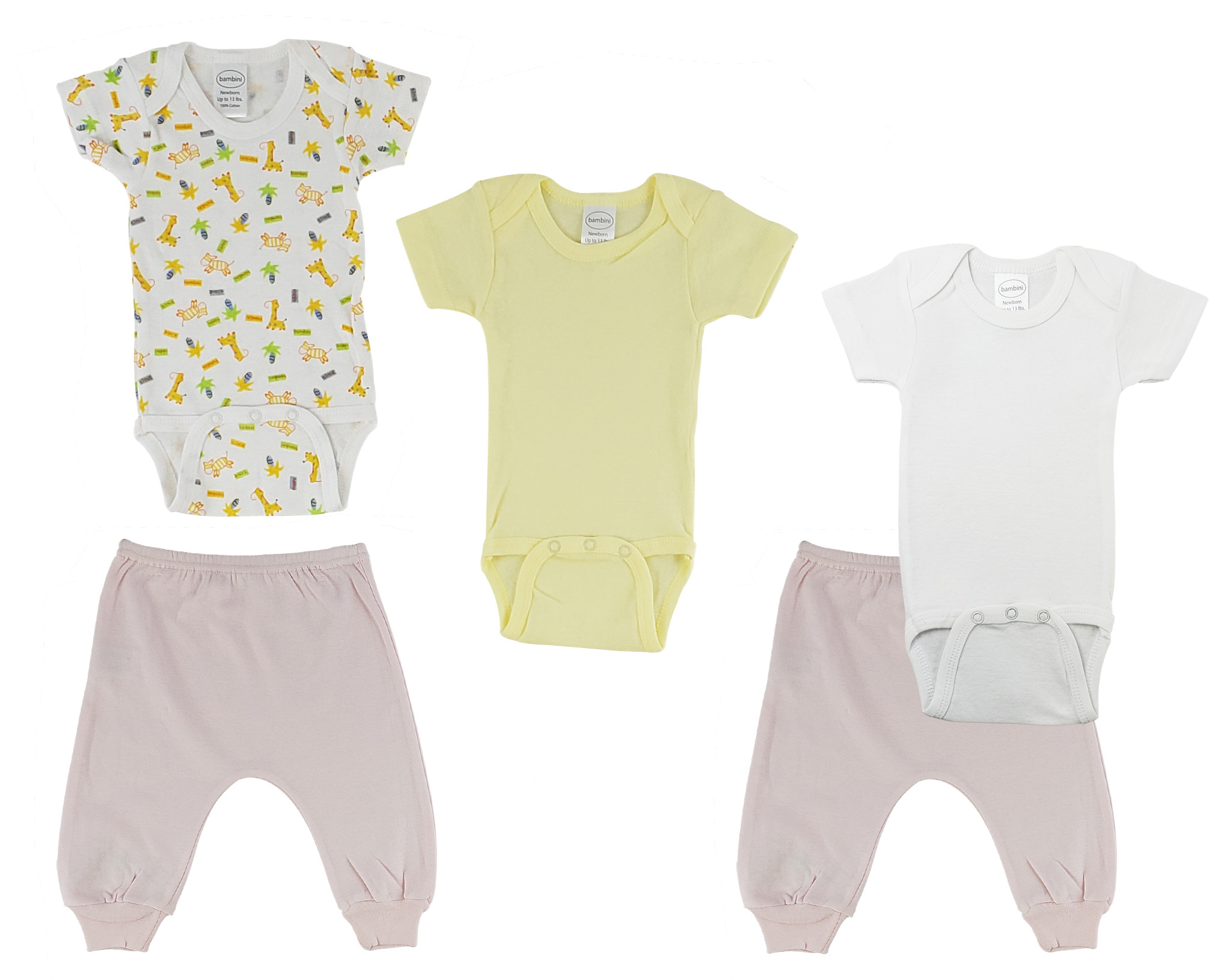 A set of infant onezies and joggers in soft cotton, featuring a short sleeve onezie and pink jogger pants, perfect for baby comfort.