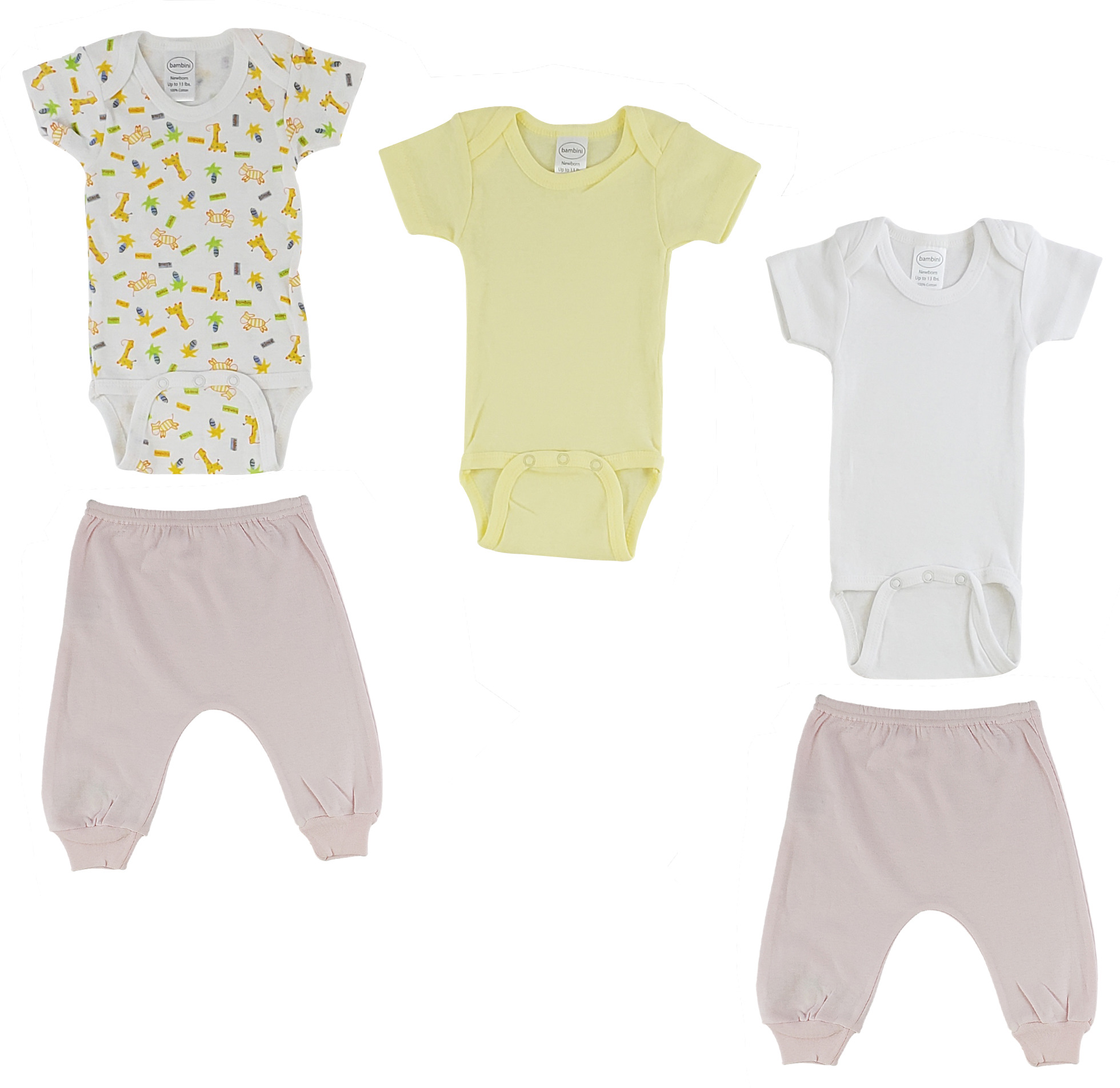 Infant Onezies and Joggers set in soft cotton, featuring expandable neckline and front snap closure for easy dressing.