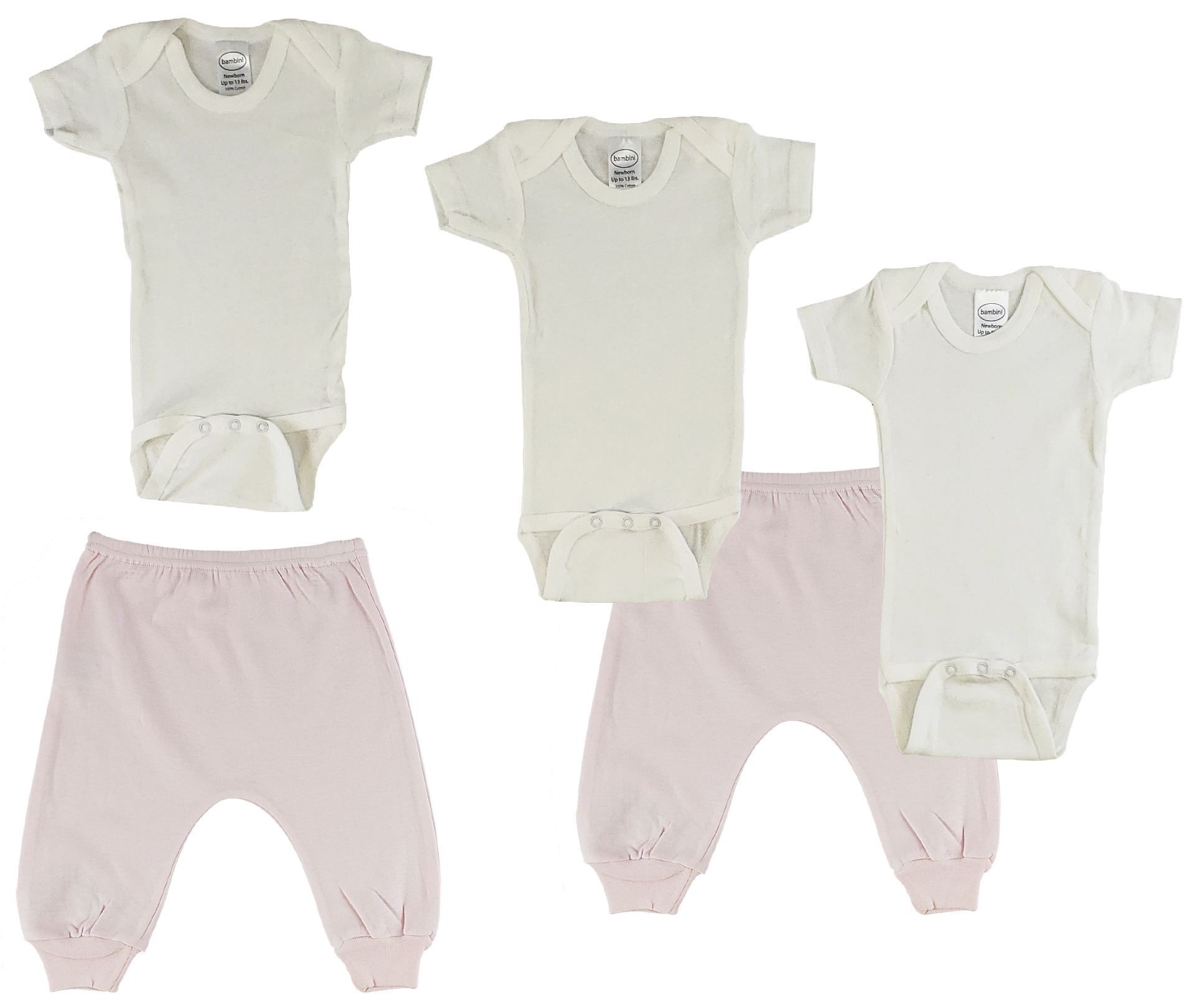 Infant Onezies and Joggers set featuring soft white short sleeve onezies and pink jogger pants, all made from 100% cotton for comfort.