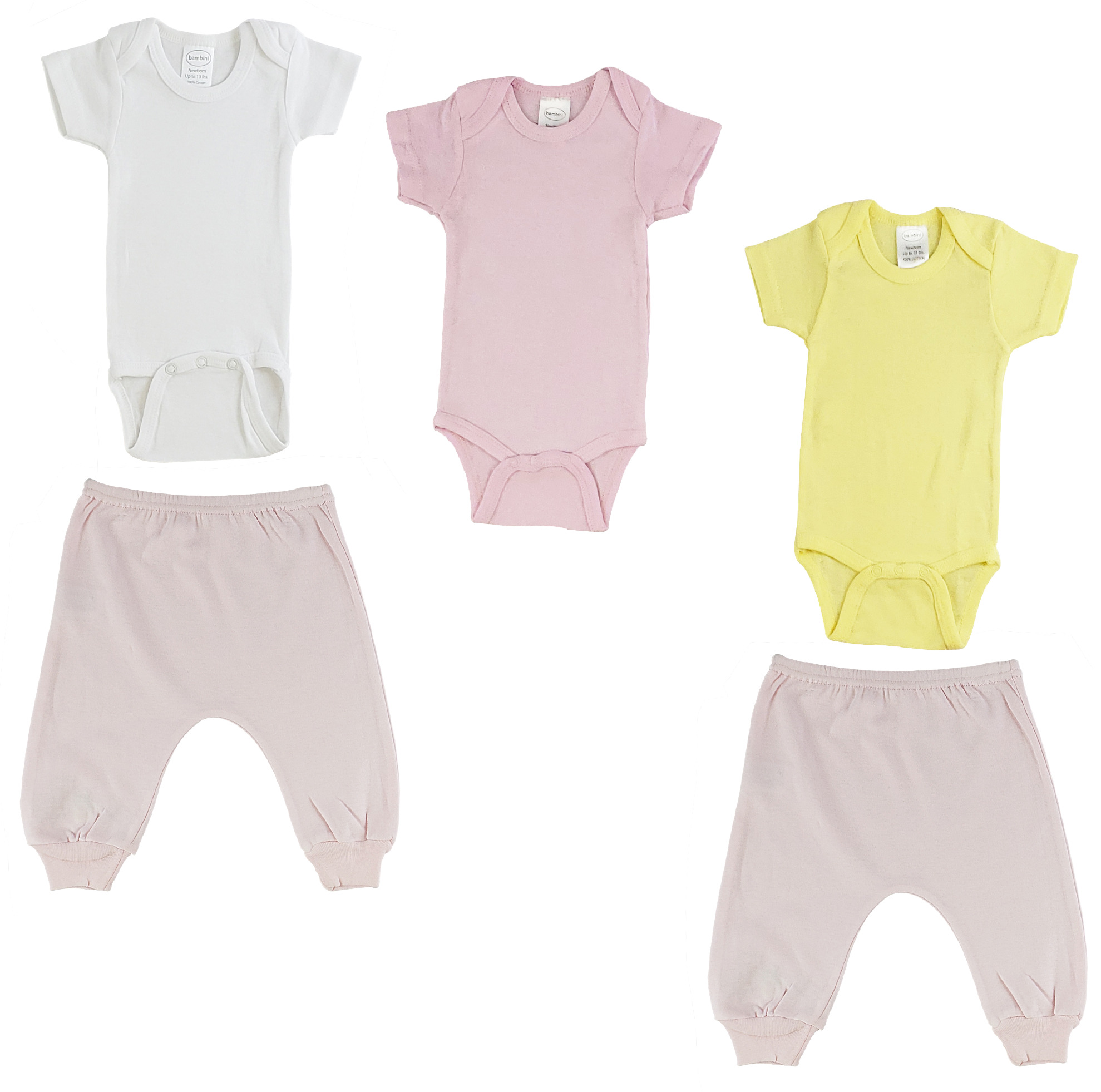 A set of infant onezies and joggers in soft pink cotton, featuring short sleeves and ribbed leg openings, perfect for baby comfort.