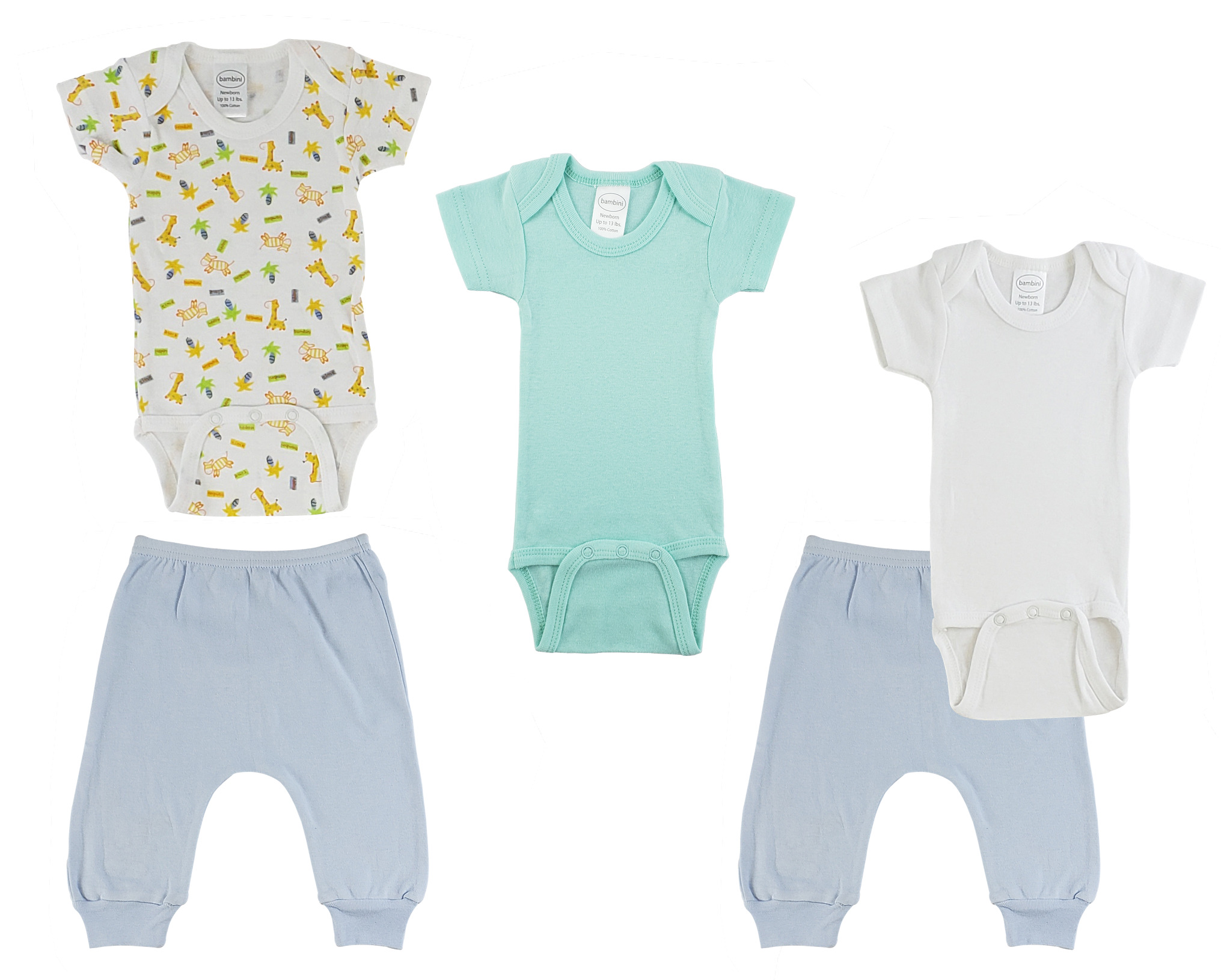 Infant Onezies and Joggers set featuring soft cotton fabric in white and blue, designed for comfort and mobility for babies.