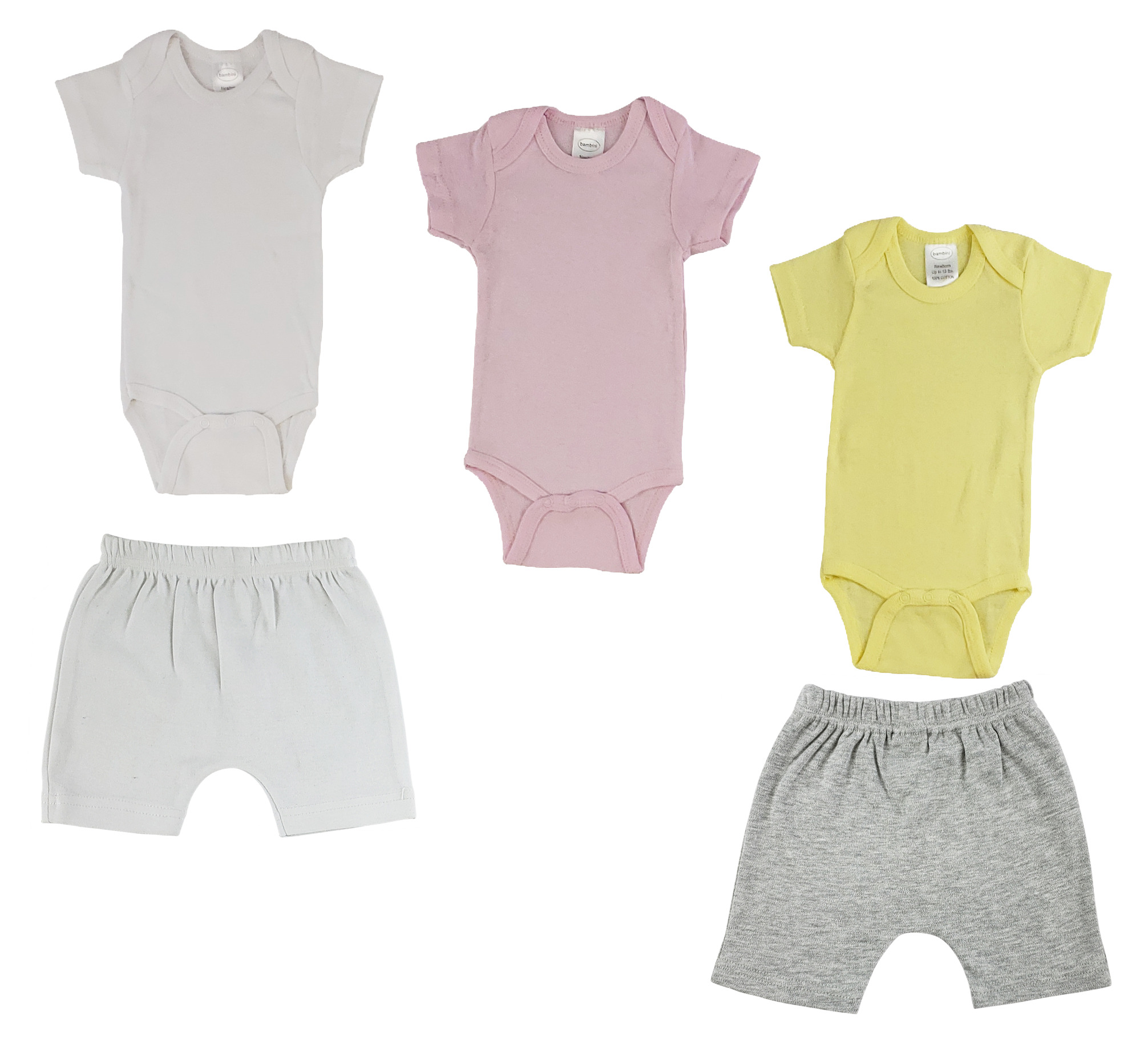 Infant Onezies and Pants set in white cotton, featuring short sleeves and ribbed leg openings, perfect for baby comfort.