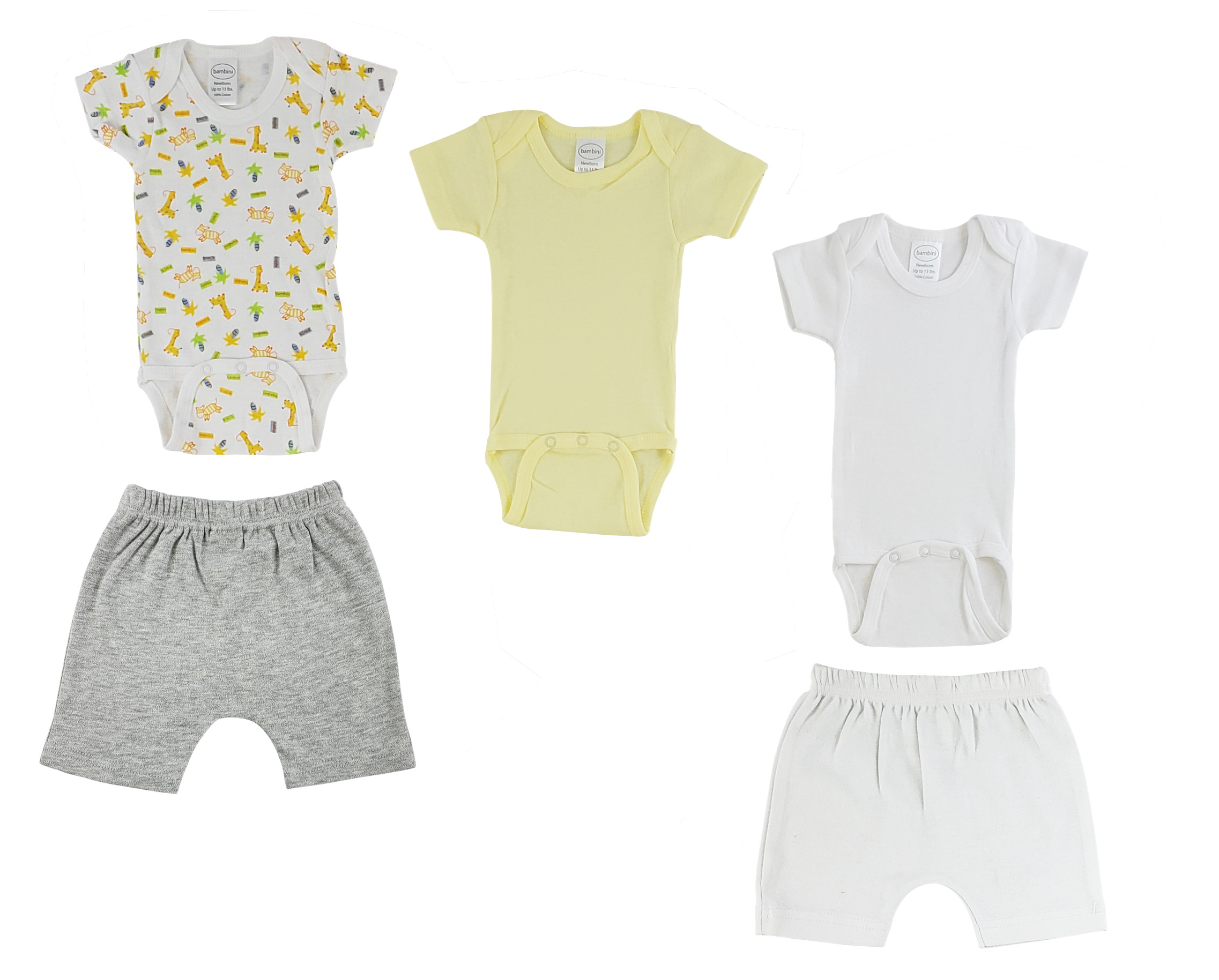 Infant Onezies and Pants set in white and heather grey, made from 100% cotton, featuring short sleeves and ribbed leg openings.