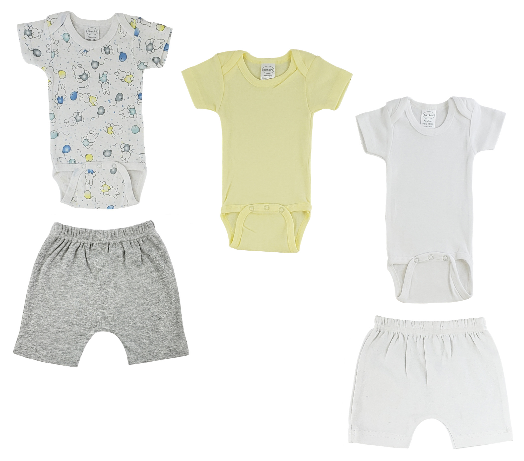 Infant Onezies and Pants set made from 100% cotton, featuring short sleeves and ribbed leg openings in white and heather grey colors.