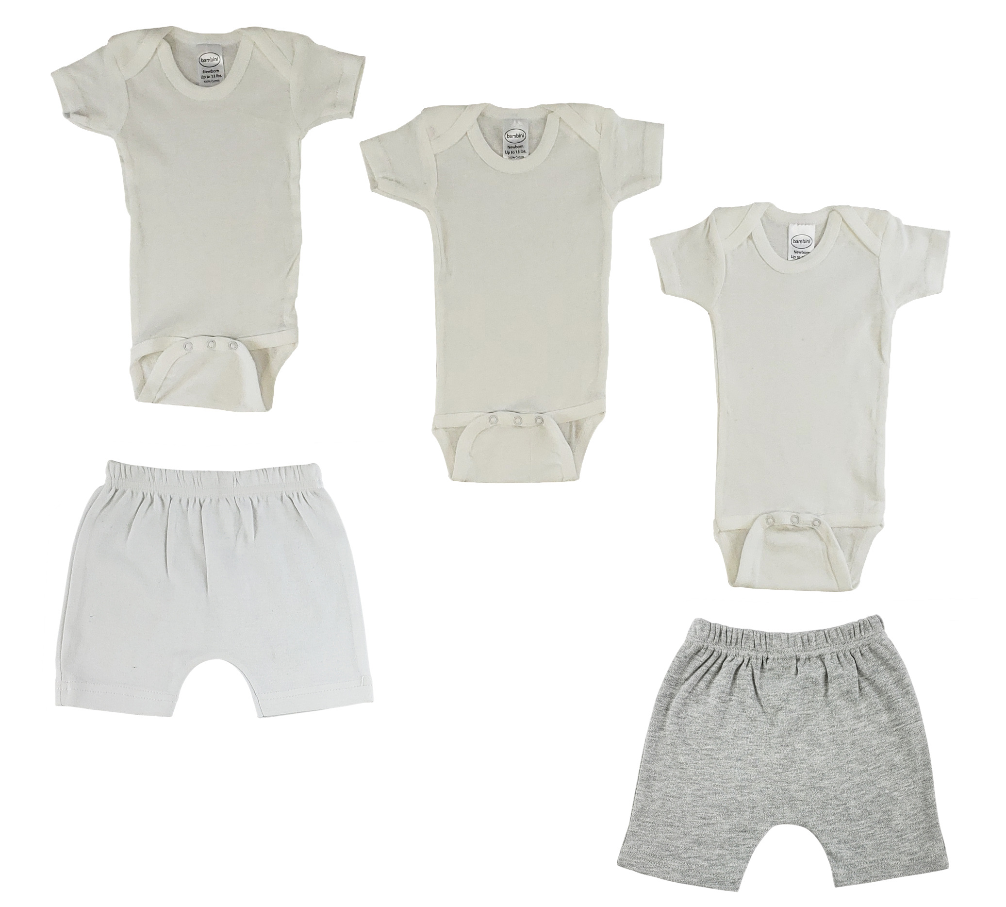 Infant Onezies and Shorts set made from 100% cotton, featuring a short sleeve onezie and matching shorts in white and heather grey.