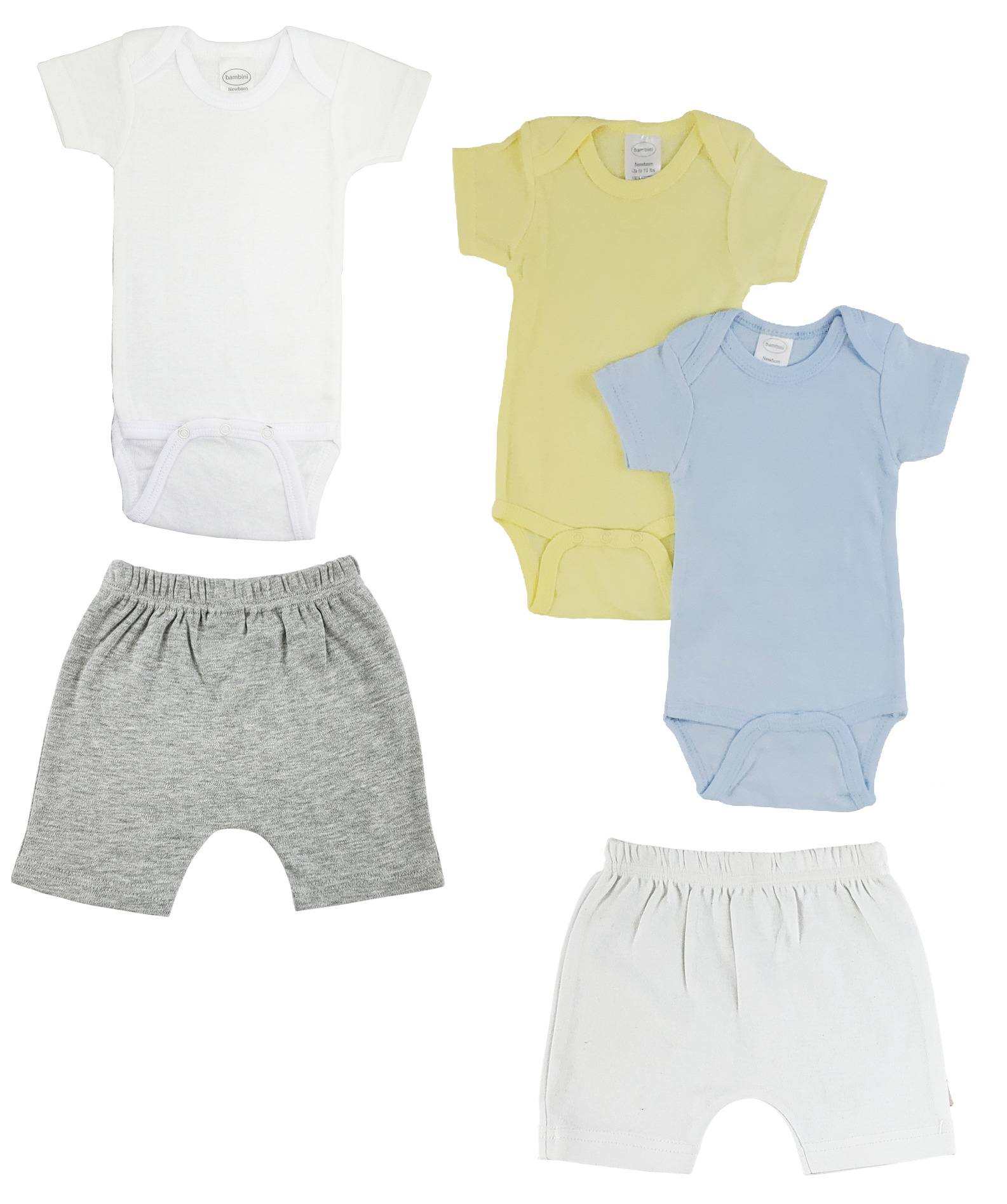 Infant Onezies and Shorts set in white and heather grey, made from 100% cotton, showcasing soft fabric and expandable neckline.