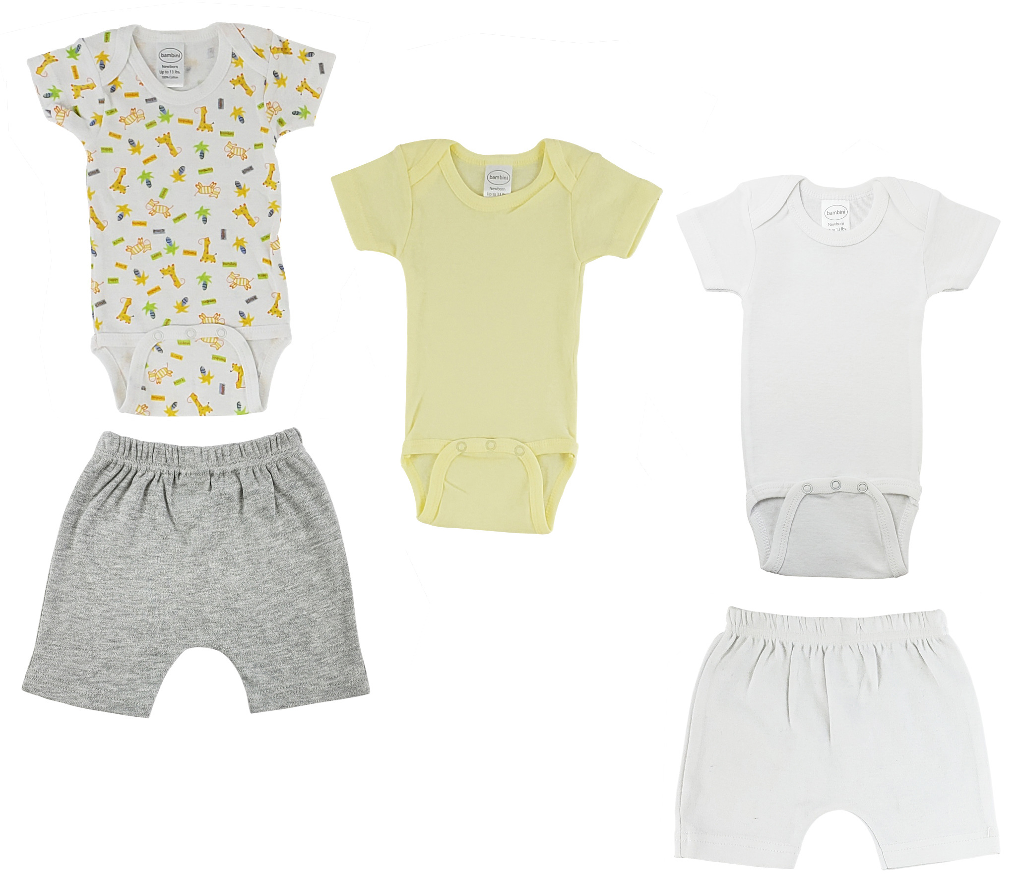 Infant Onezies and Shorts set made from 100% cotton, featuring a short sleeve onezie and matching shorts in white and heather grey.