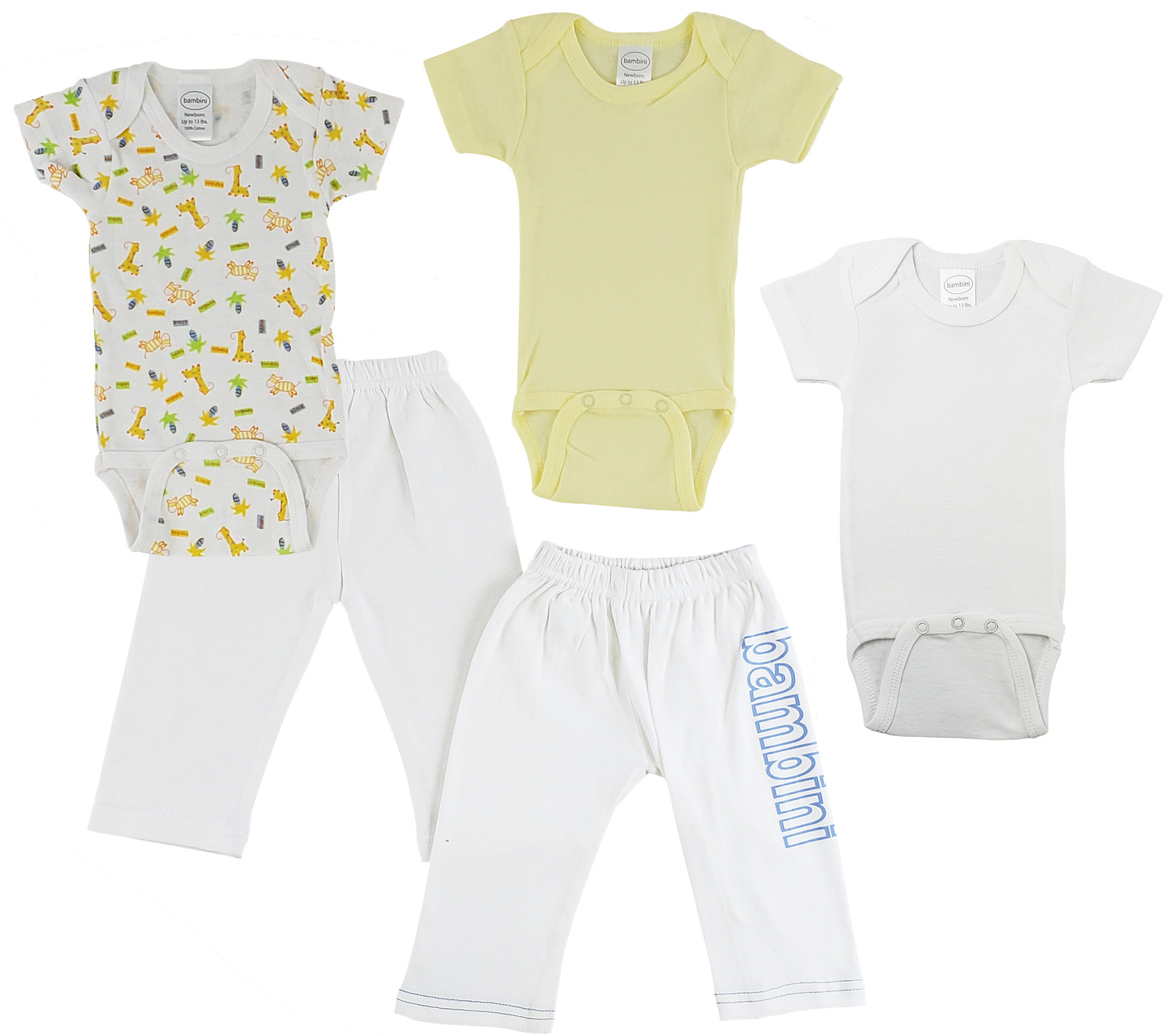 Infant onezies and track sweatpants made from 100% cotton, featuring short sleeves and ribbed leg openings for a snug fit.