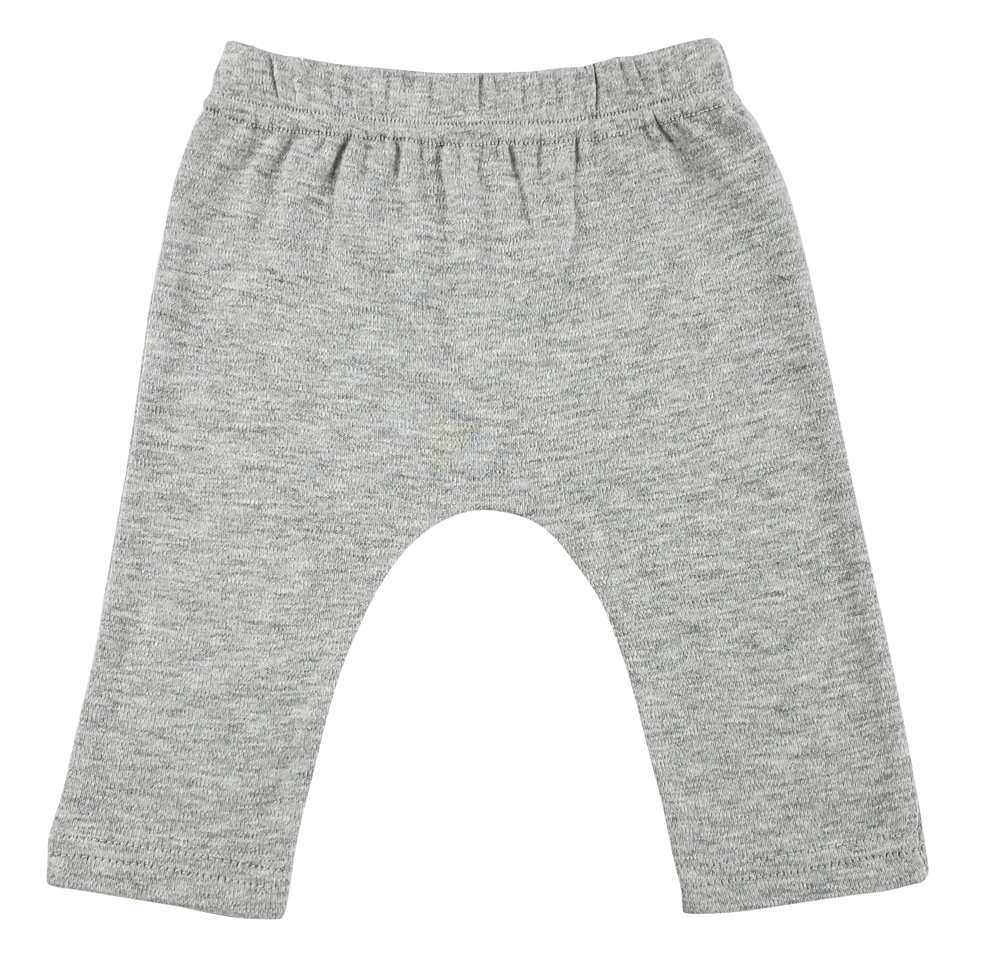 A pair of grey infant pants made from 100% cotton, showcasing a soft and comfortable design suitable for babies.