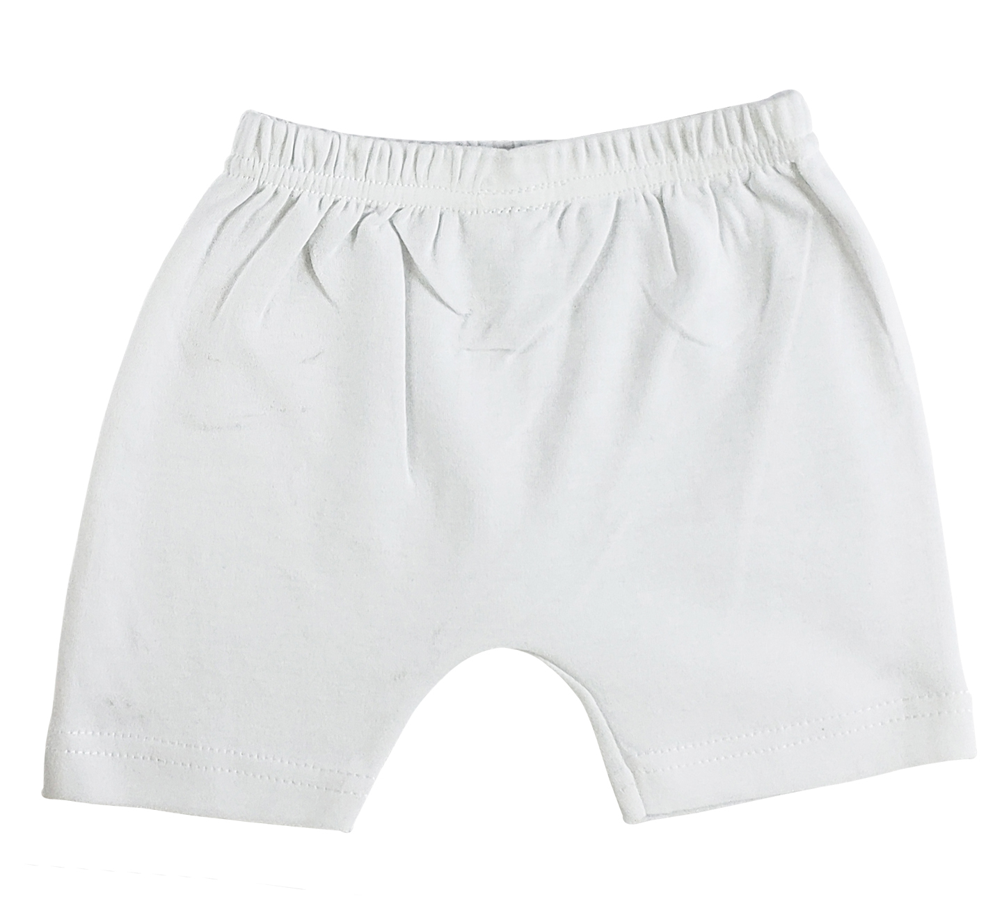 A pair of soft white infant shorts made from 100% cotton, perfect for warm weather and comfortable wear.