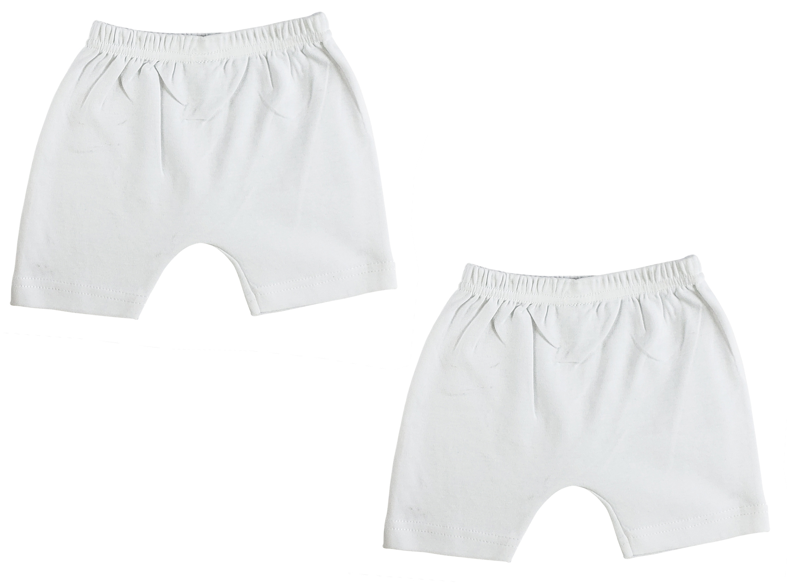 A pair of soft white infant shorts made from 100% cotton, perfect for babies in various sizes.