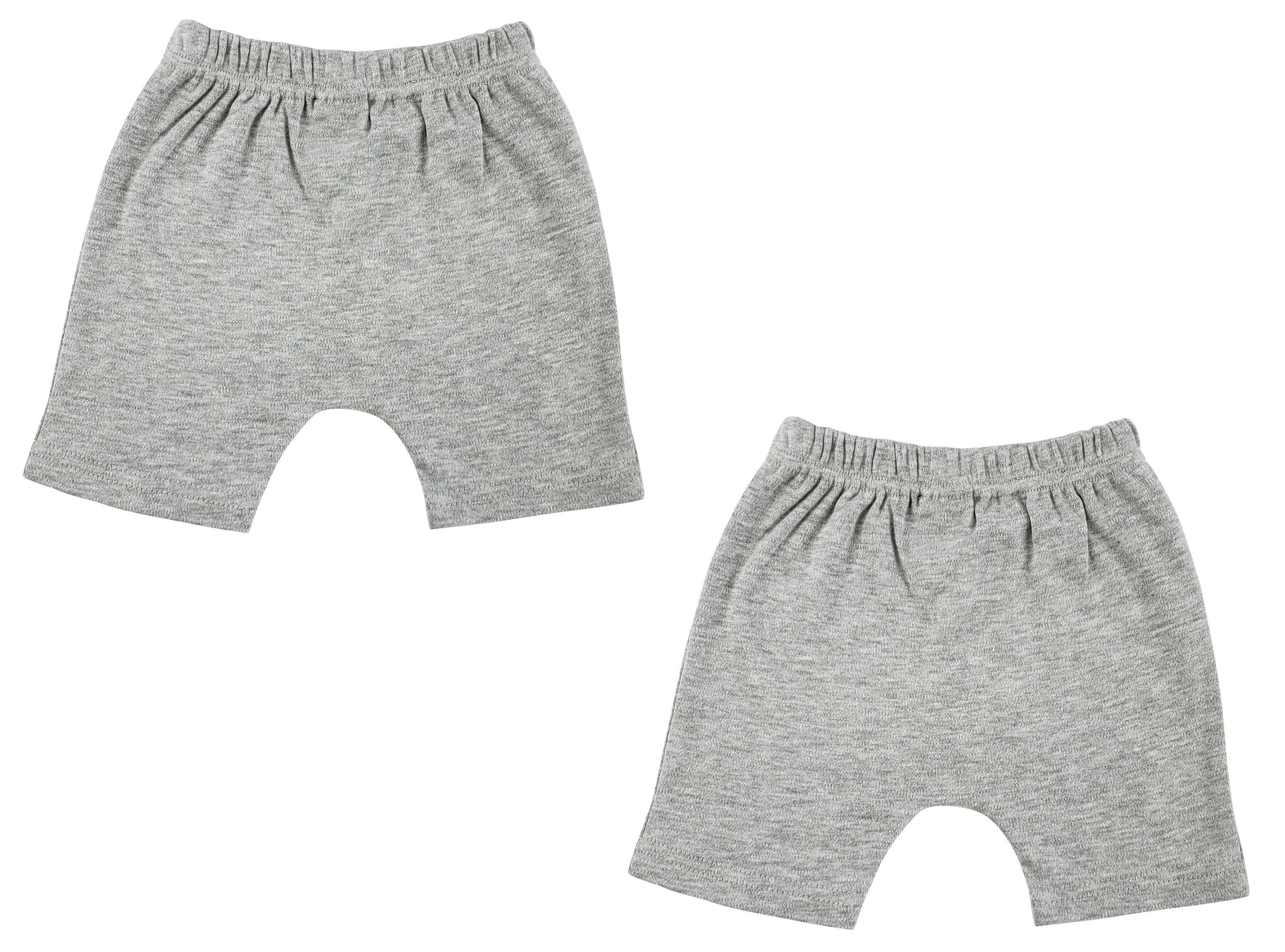 Two pairs of infant shorts in grey, made from 100% cotton, displayed together.