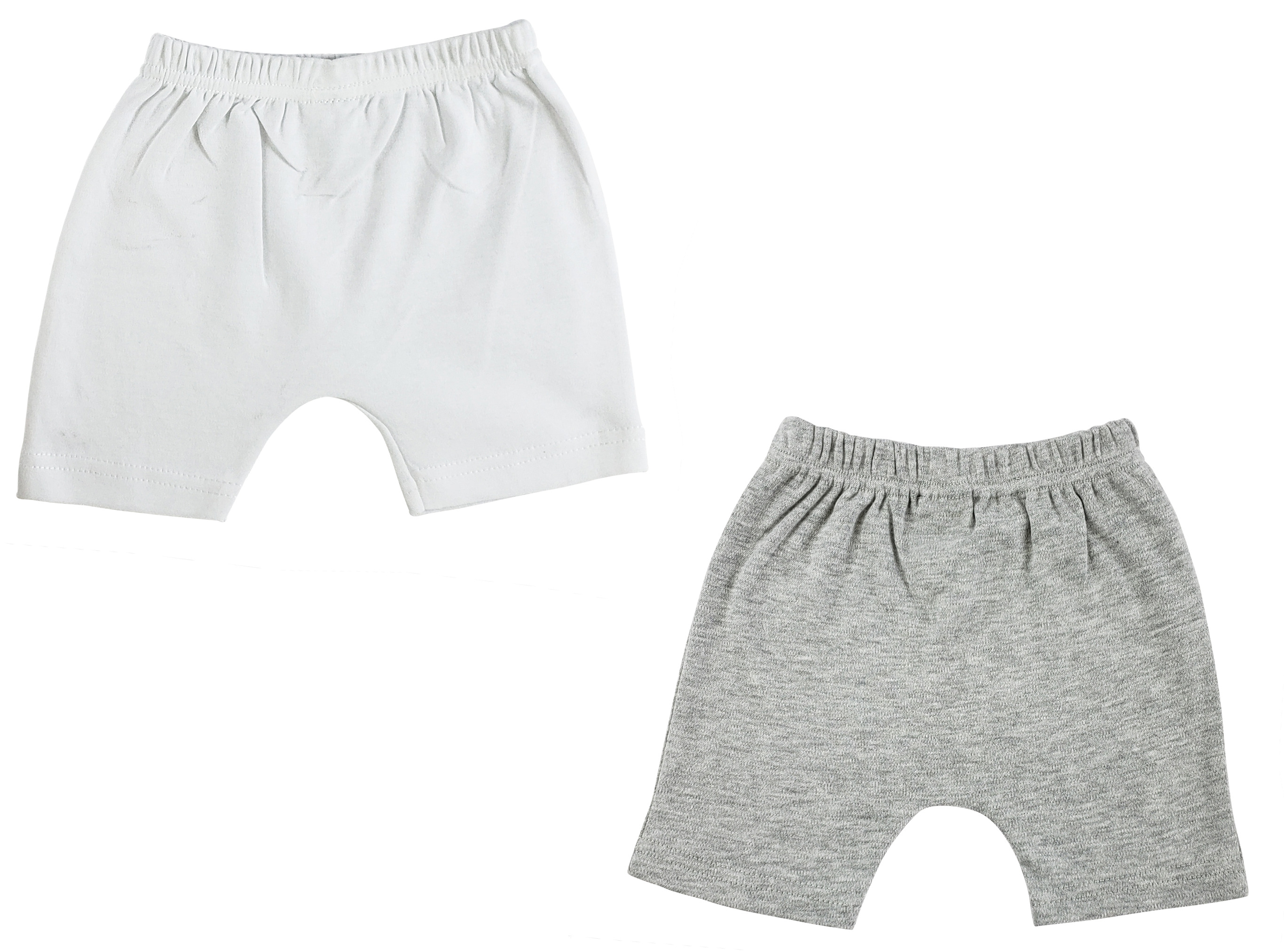 A pack of two infant shorts in grey color, made from 100% cotton, suitable for newborns and toddlers.