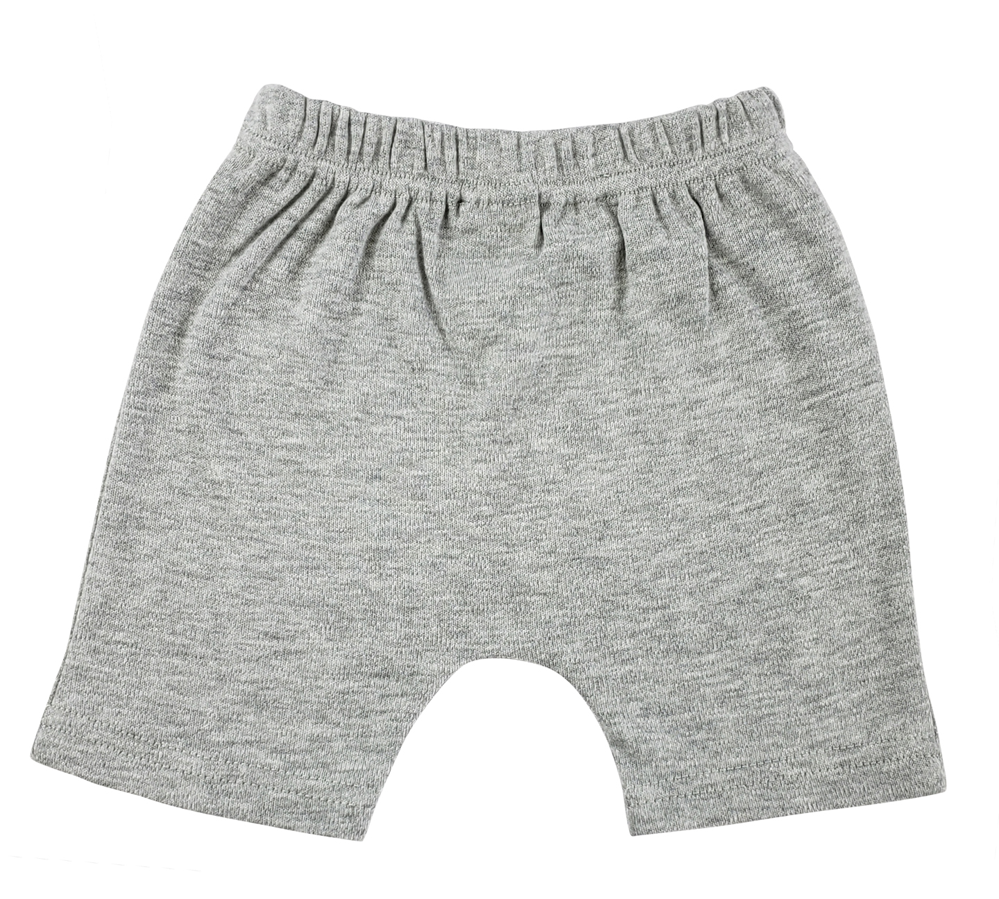 A pair of interlock grey infant shorts made from 100% cotton, showcasing a soft and comfortable design suitable for babies.