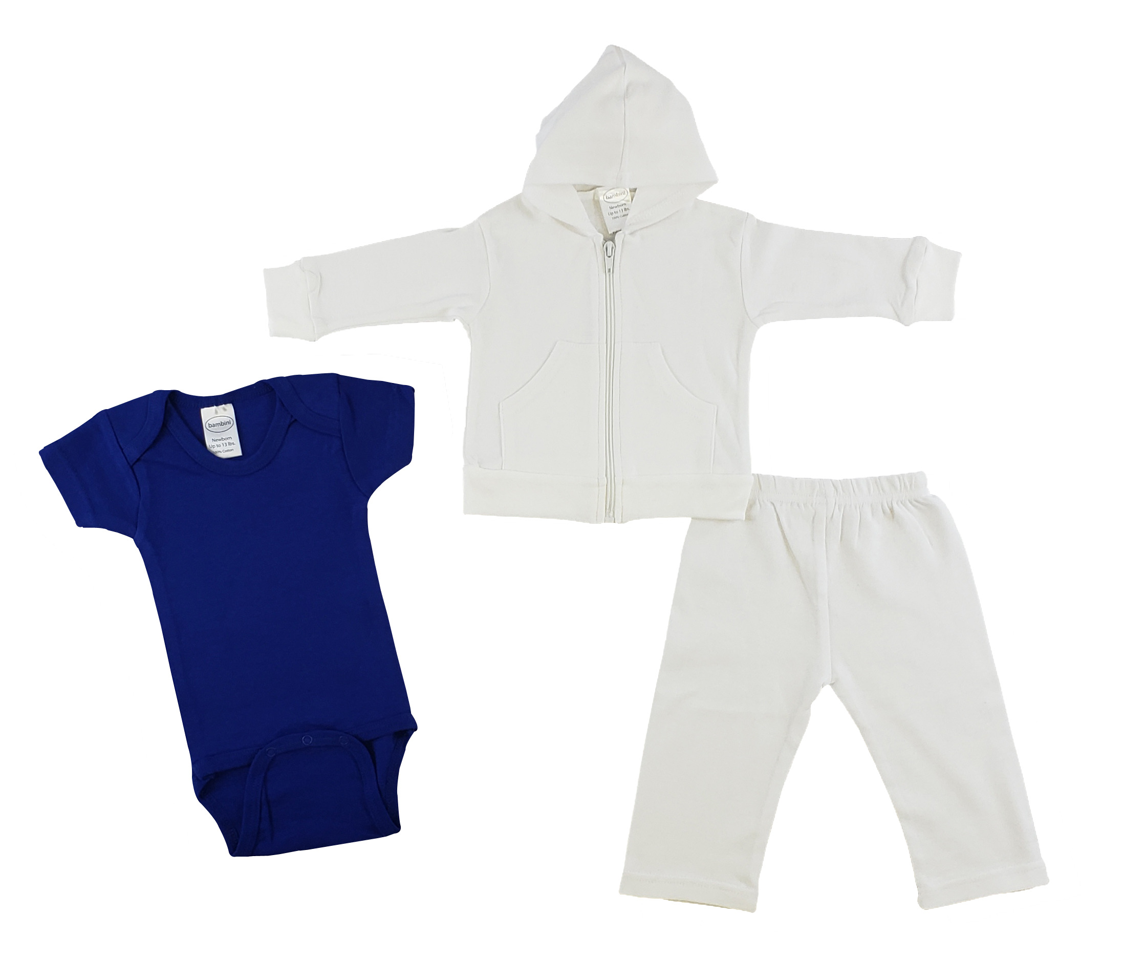 Infant 3 Pc Set featuring a white hoodie, white pants, and a blue interlock short sleeve onezie, all made from 100% cotton.