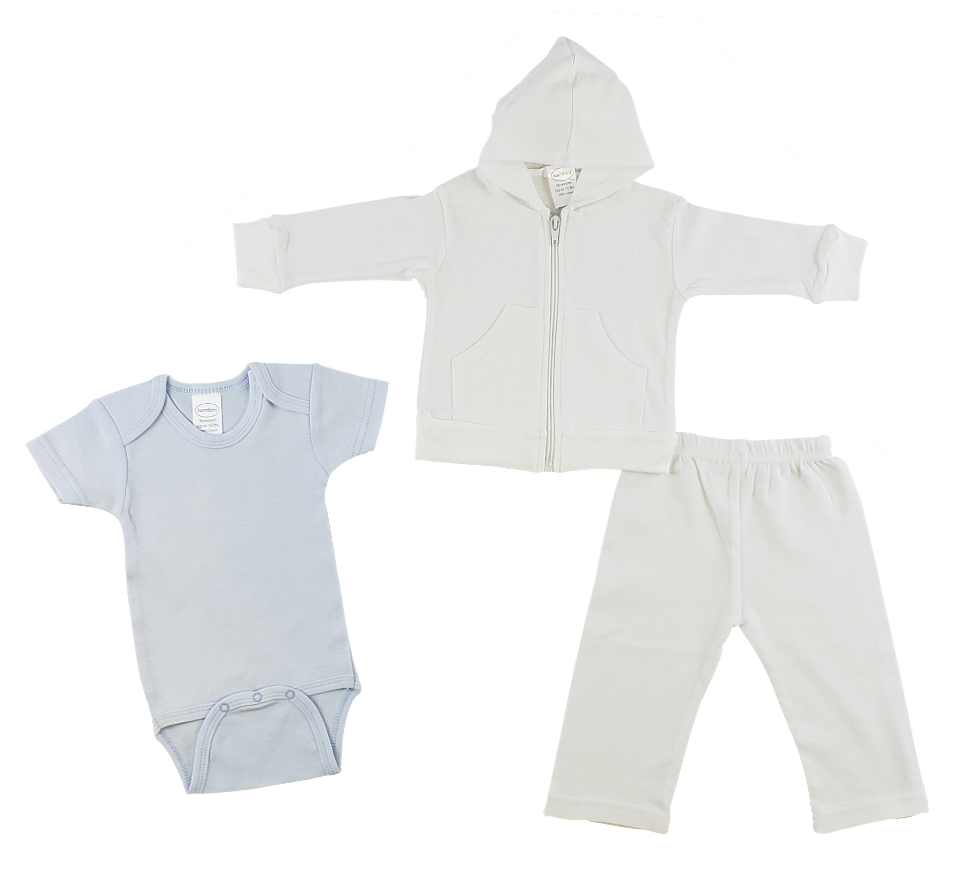 Infant 3 Pc Set featuring a white hoodie, white pants, and a blue short sleeve onezie, all made from 100% cotton.