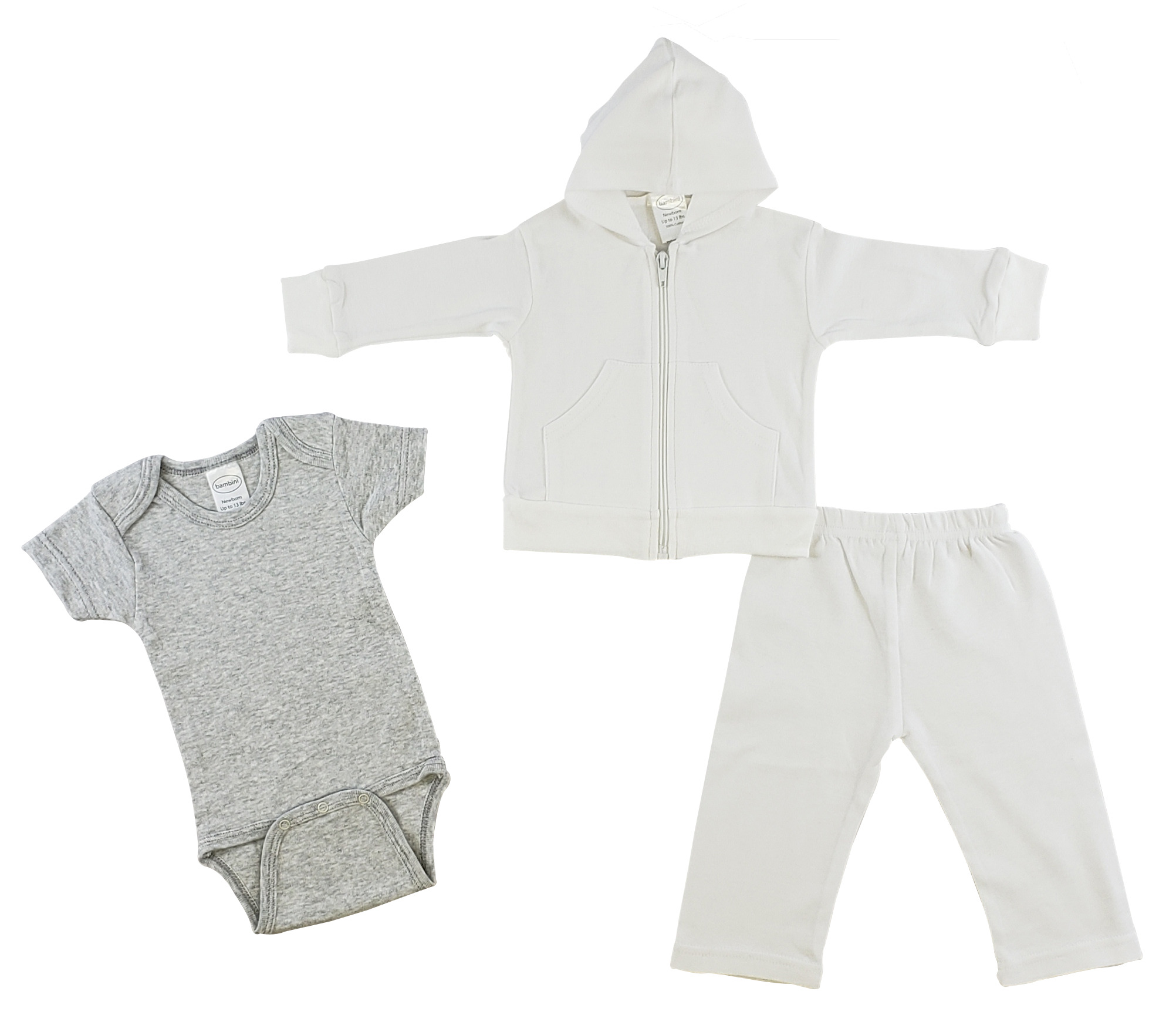 Infant 3 Pc Set including a white hoodie, white pants, and a grey interlock short sleeve onezie, all made from 100% cotton.