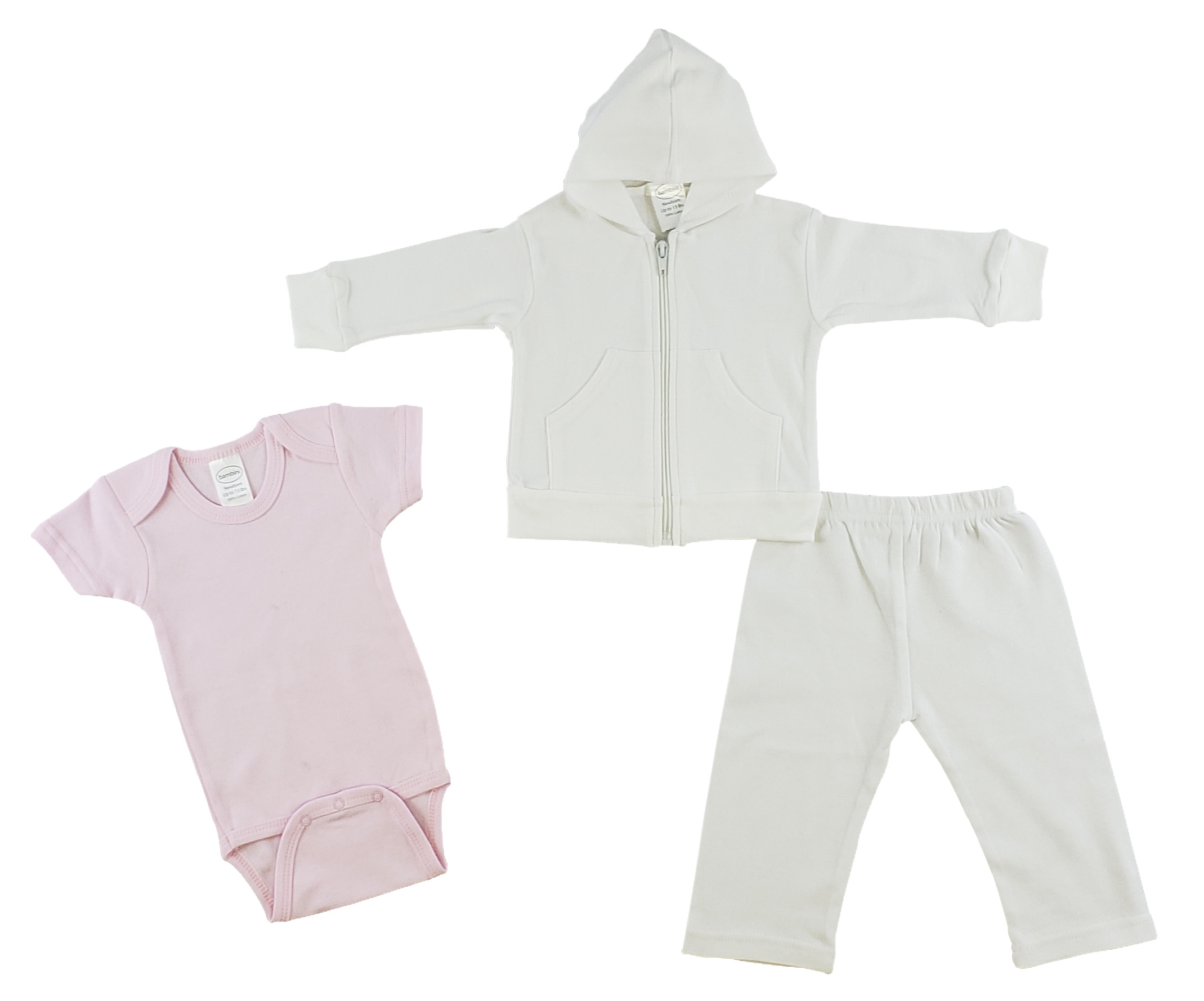 Infant 3-piece clothing set including a white hoodie, white pants, and a pink short sleeve onezie, all made from 100% cotton.