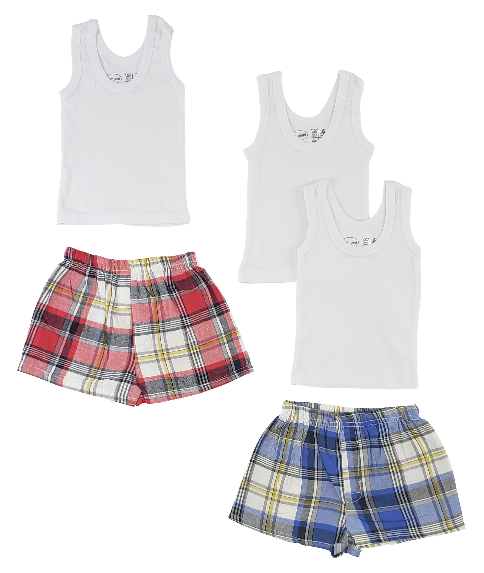 Infant tank tops and boxer shorts set made from 100% cotton, featuring a soft rib knit fabric in various sizes.