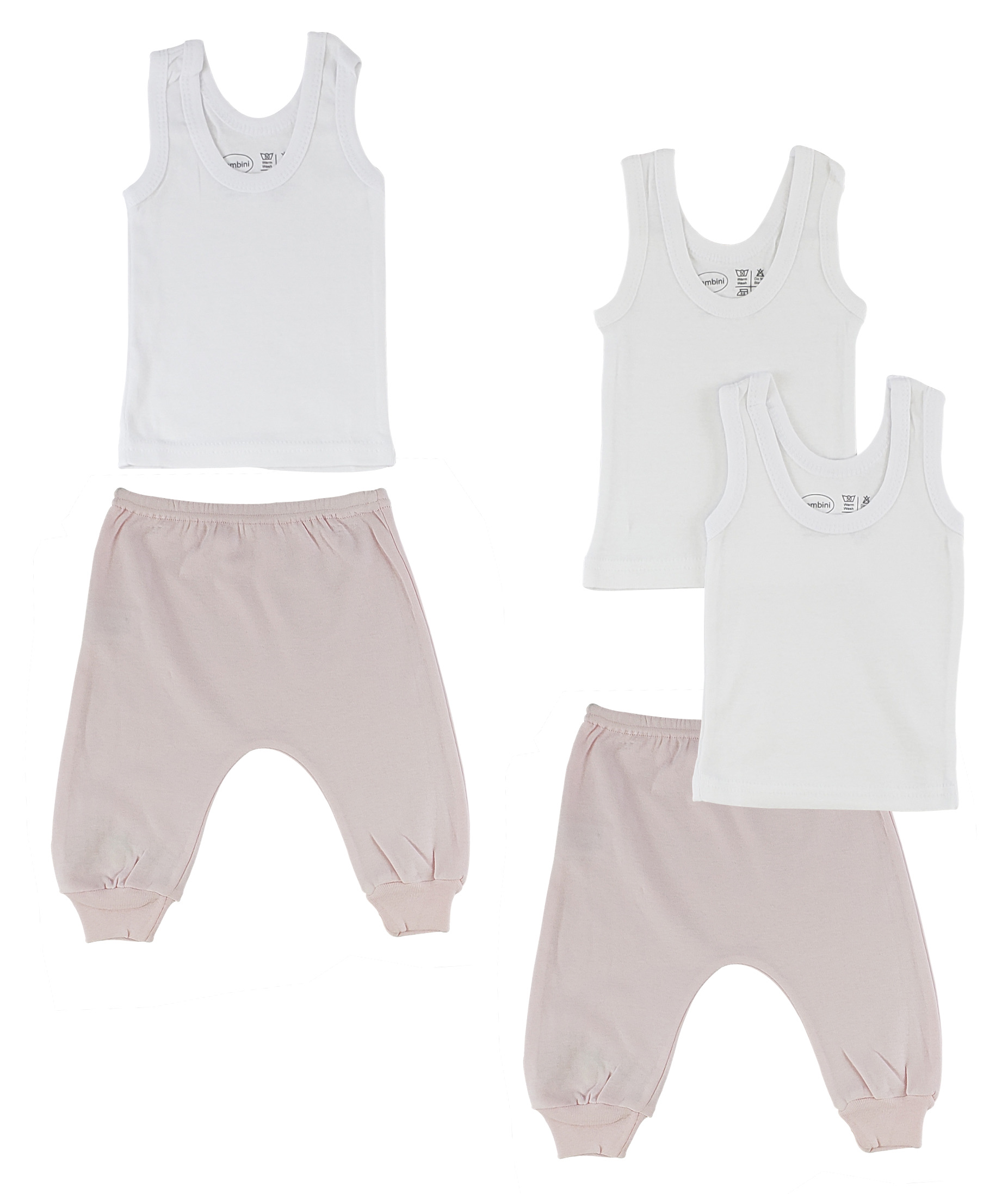 Infant tank tops and joggers set in pink and white, made from 100% cotton, showcasing comfort and style for babies.