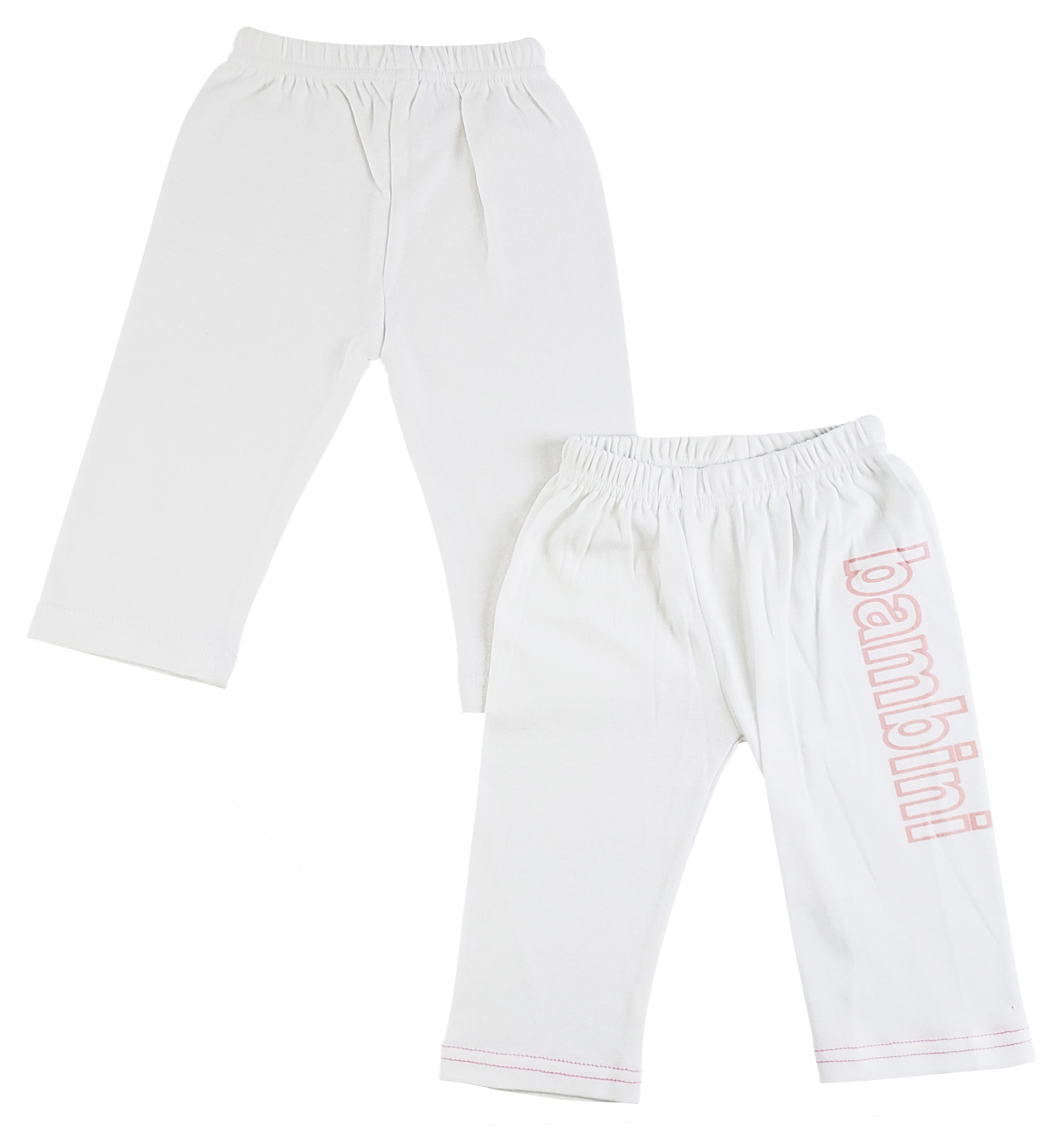 Two pairs of infant track sweatpants in white, made from 100% cotton, showcasing their soft fabric and elastic waistband.