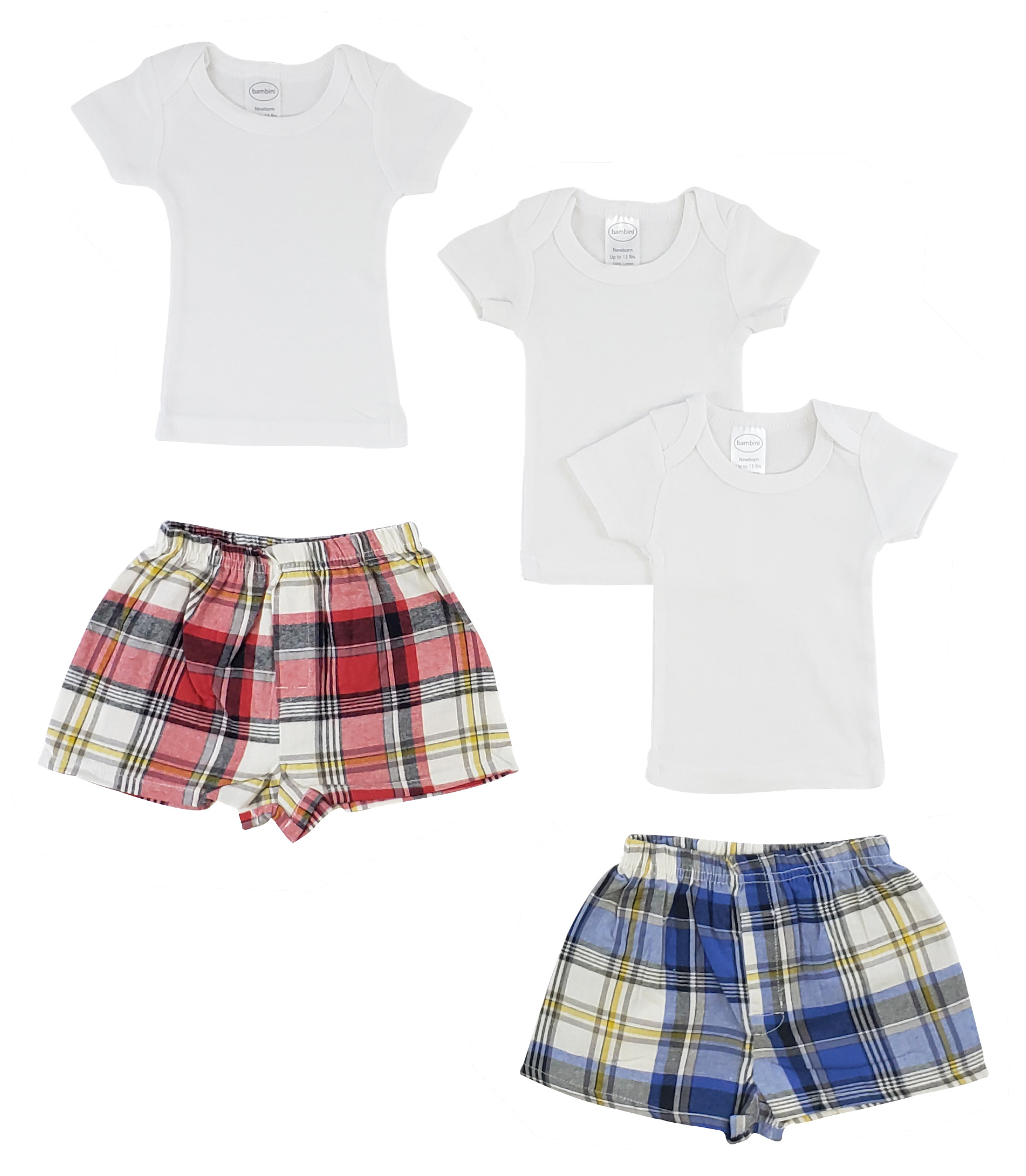 A pack of infant t-shirts and boxer shorts made from 100% cotton, featuring a variety of colors and designs suitable for babies.