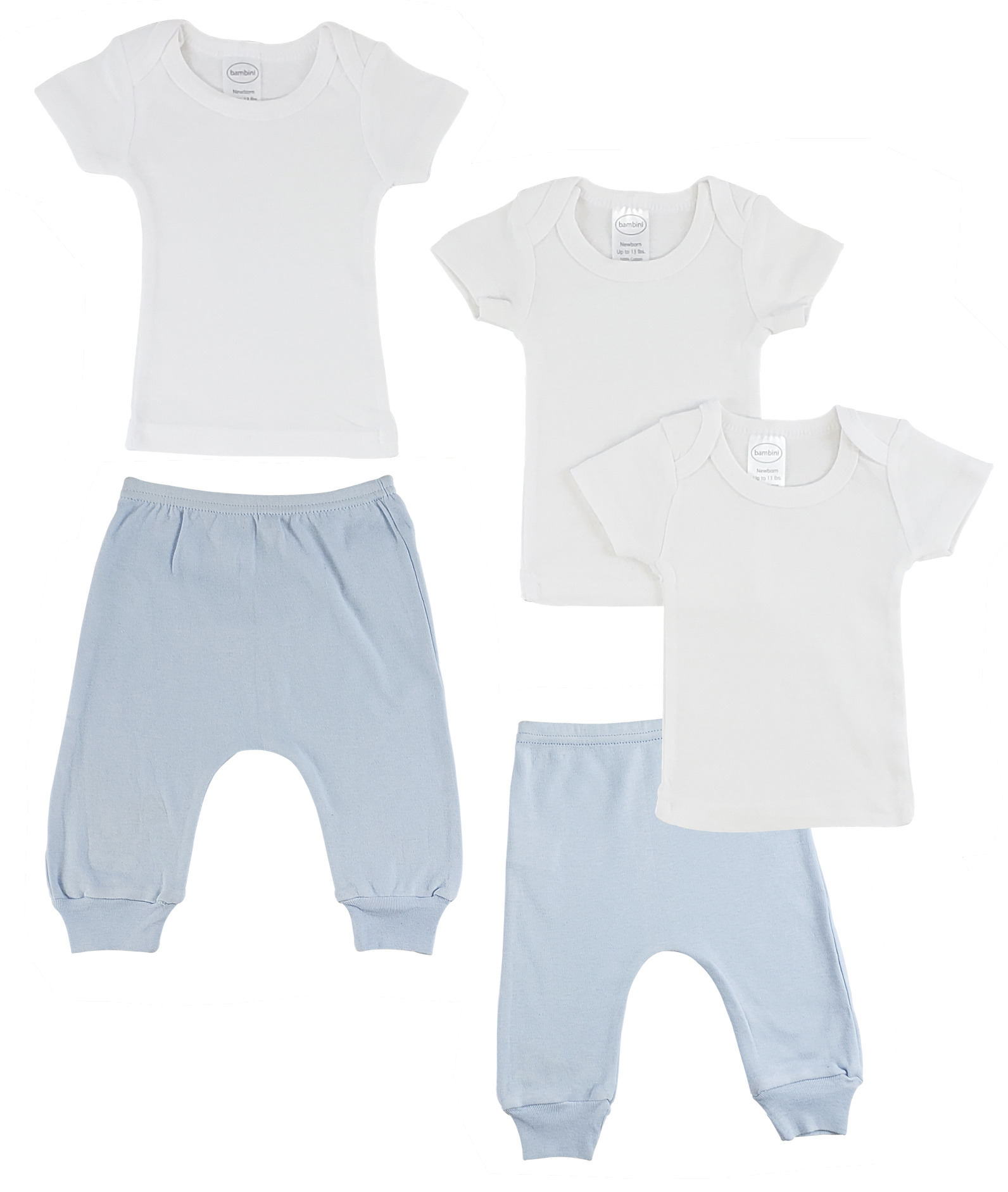 A pack of infant t-shirts and joggers in blue and white, made from 100% cotton, showcasing the snap button shoulder design and soft fabric.