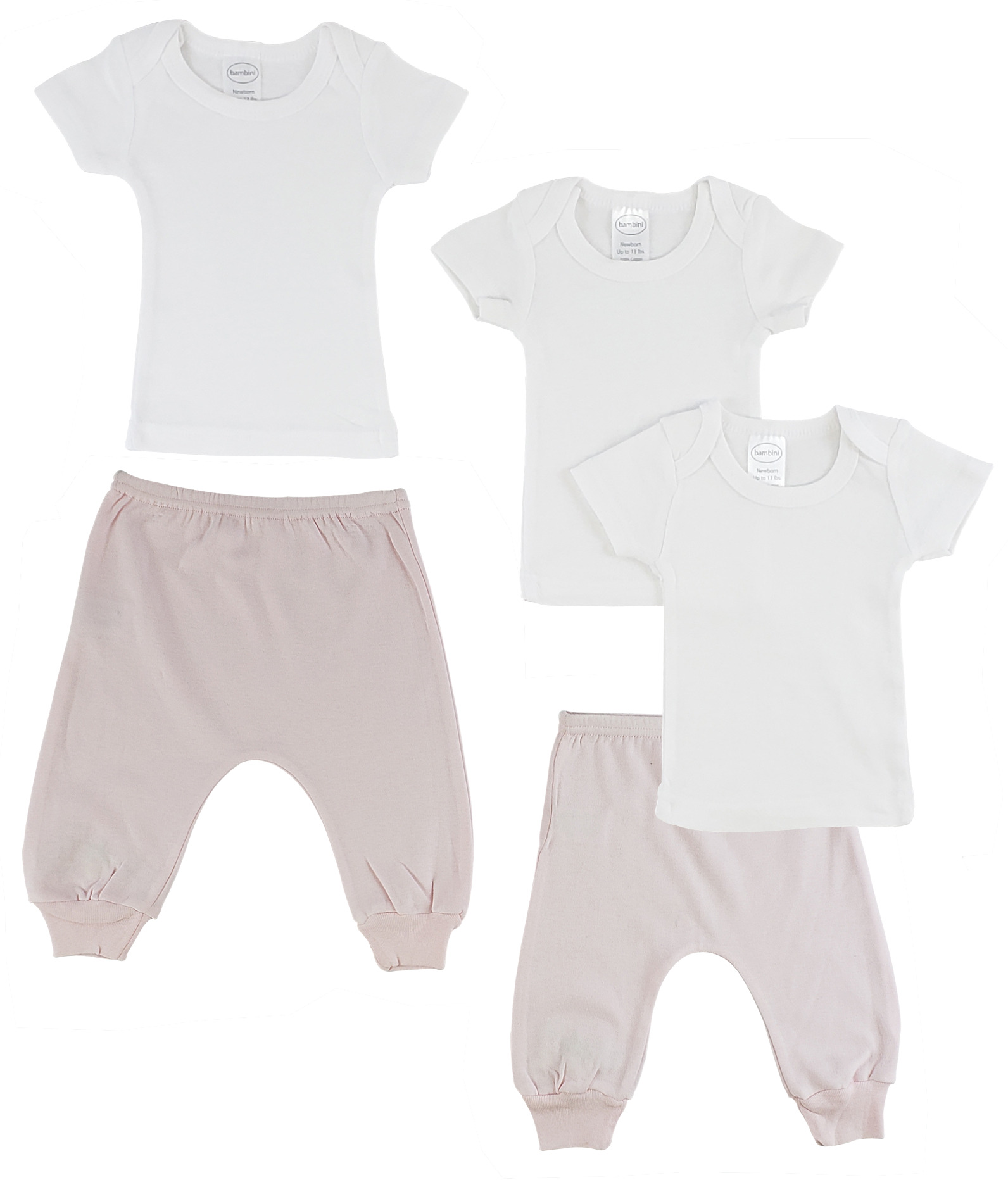 A colorful pack of infant t-shirts and joggers, featuring pink jogger pants and white short sleeve lap t-shirts, all made from 100% cotton.