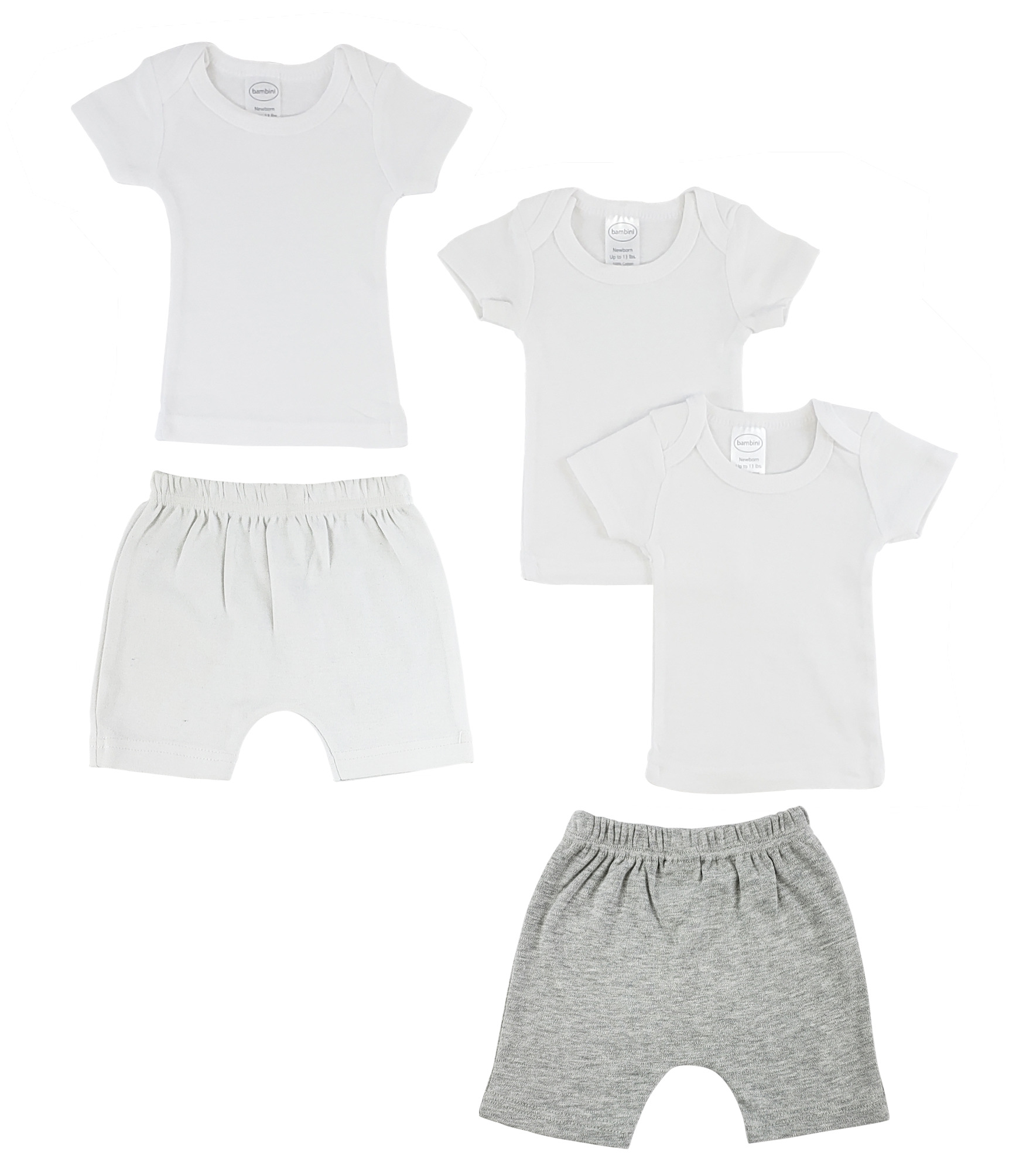 A pack of infant t-shirts and shorts in various colors, showcasing the soft cotton fabric and snap button design for easy dressing.