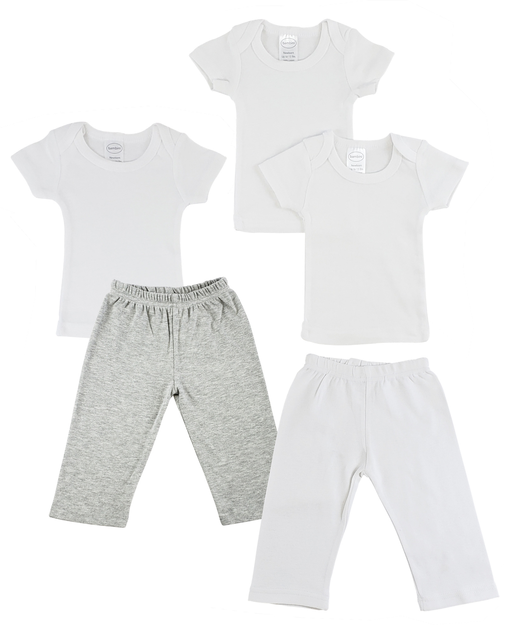 A pack of infant t-shirts and track sweatpants in heather grey and white, made from 100% cotton, showcasing their soft fabric and snap button design.