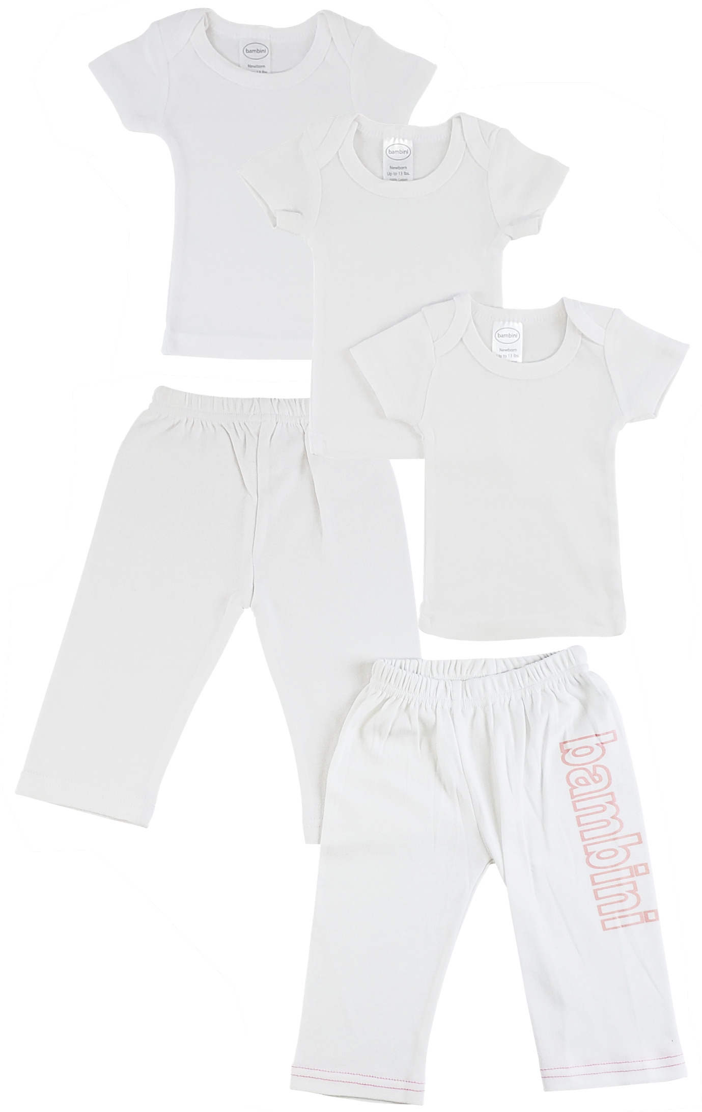 A pack of infant t-shirts and track sweatpants in various sizes, showcasing soft 100% cotton fabric and snap button shoulder neckline.