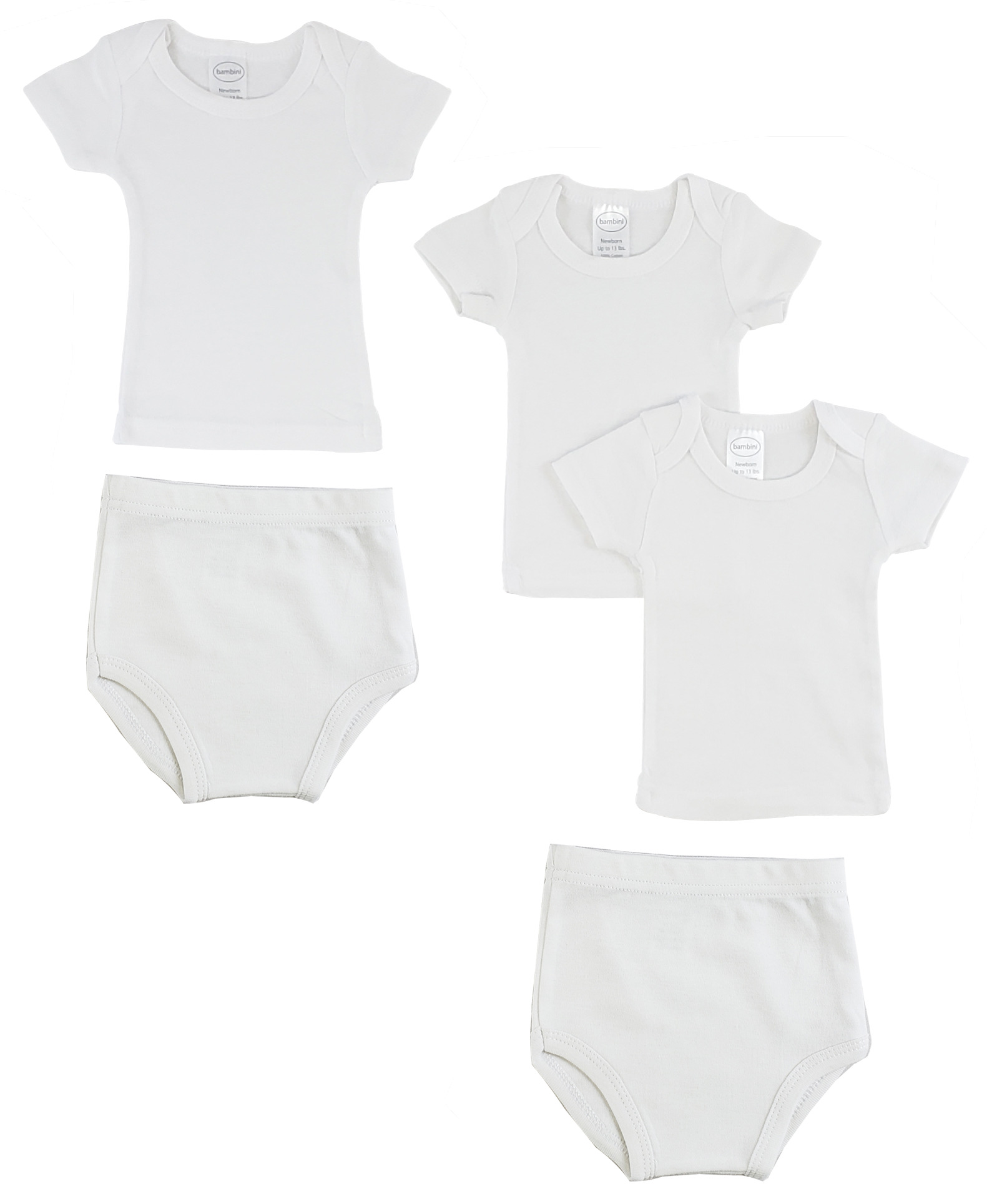 A pack of infant t-shirts and training pants made from 100% cotton, featuring a snap button shoulder design for easy dressing.