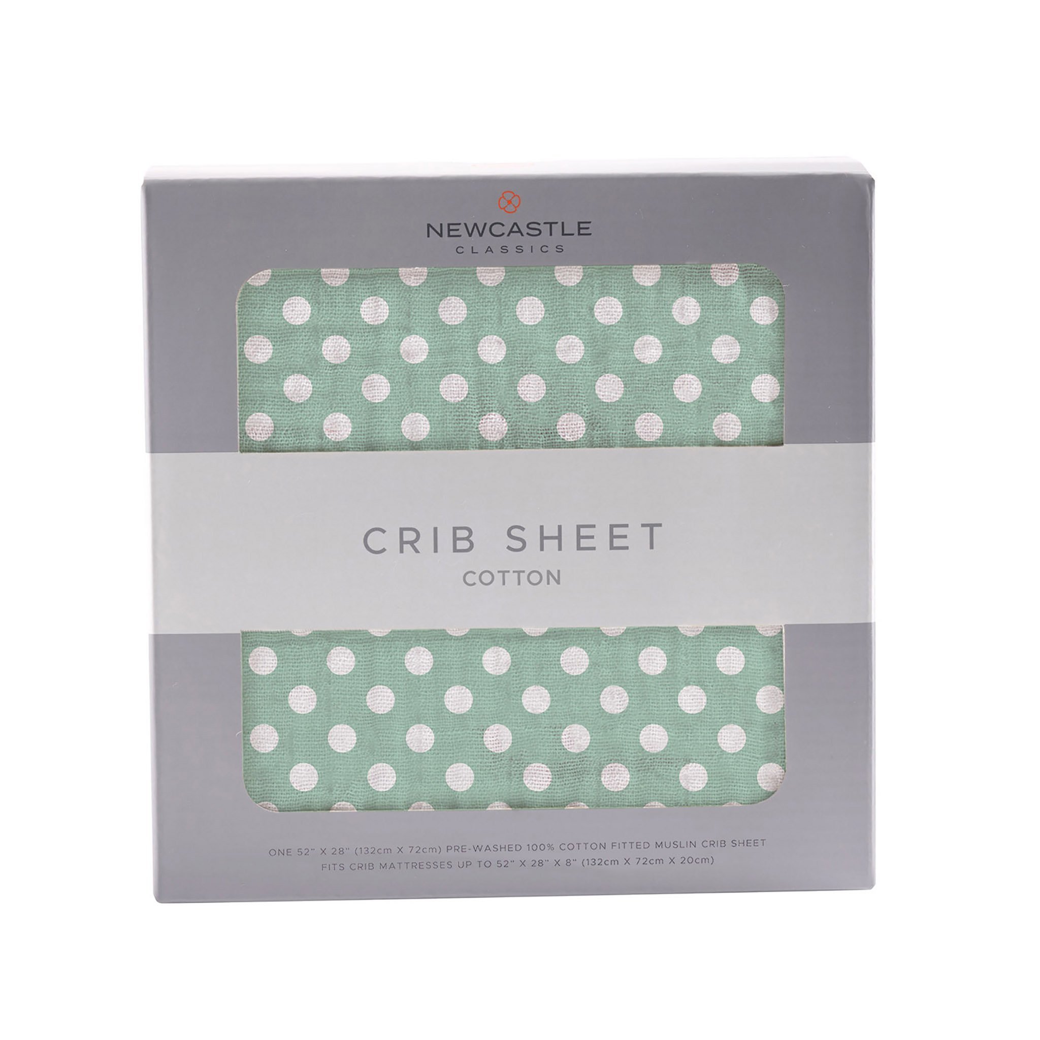 Jade Polka Dot Cotton Muslin Crib Sheet featuring soft, breathable fabric with a charming polka dot pattern, perfect for nursery decor.