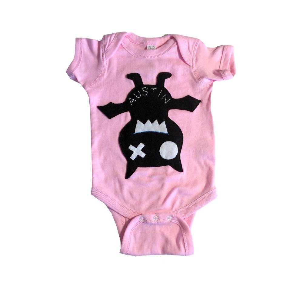 Keep Austin Weird! Baby Bodysuit featuring unique felt appliqué design, handmade in Austin, Texas.