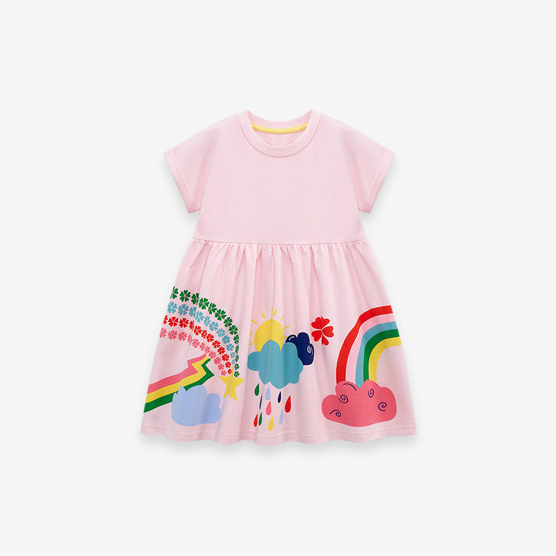 Kids Baby Girls Short Sleeves Floral Rainbow Pink Dress featuring vibrant pink color with floral and rainbow patterns.