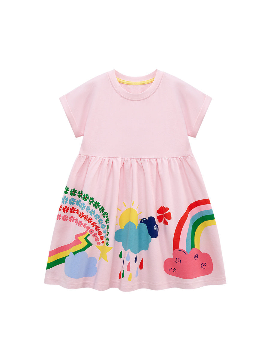 Kids Baby Girls Short Sleeves Floral Rainbow Pink Dress featuring vibrant pink color with floral and rainbow patterns.