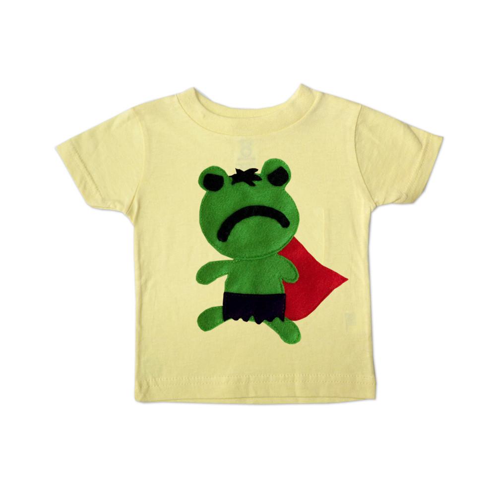 Kids Superhero Shirt featuring Hopper Froggy design, handmade with colorful felt appliqué on soft fabric.