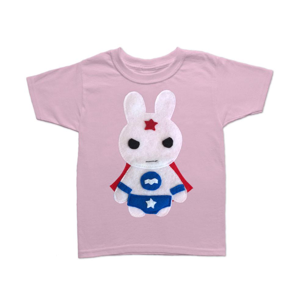 Kids Superhero Shirt featuring Star Bunny design, handmade with colorful felt appliqué, perfect for imaginative play.