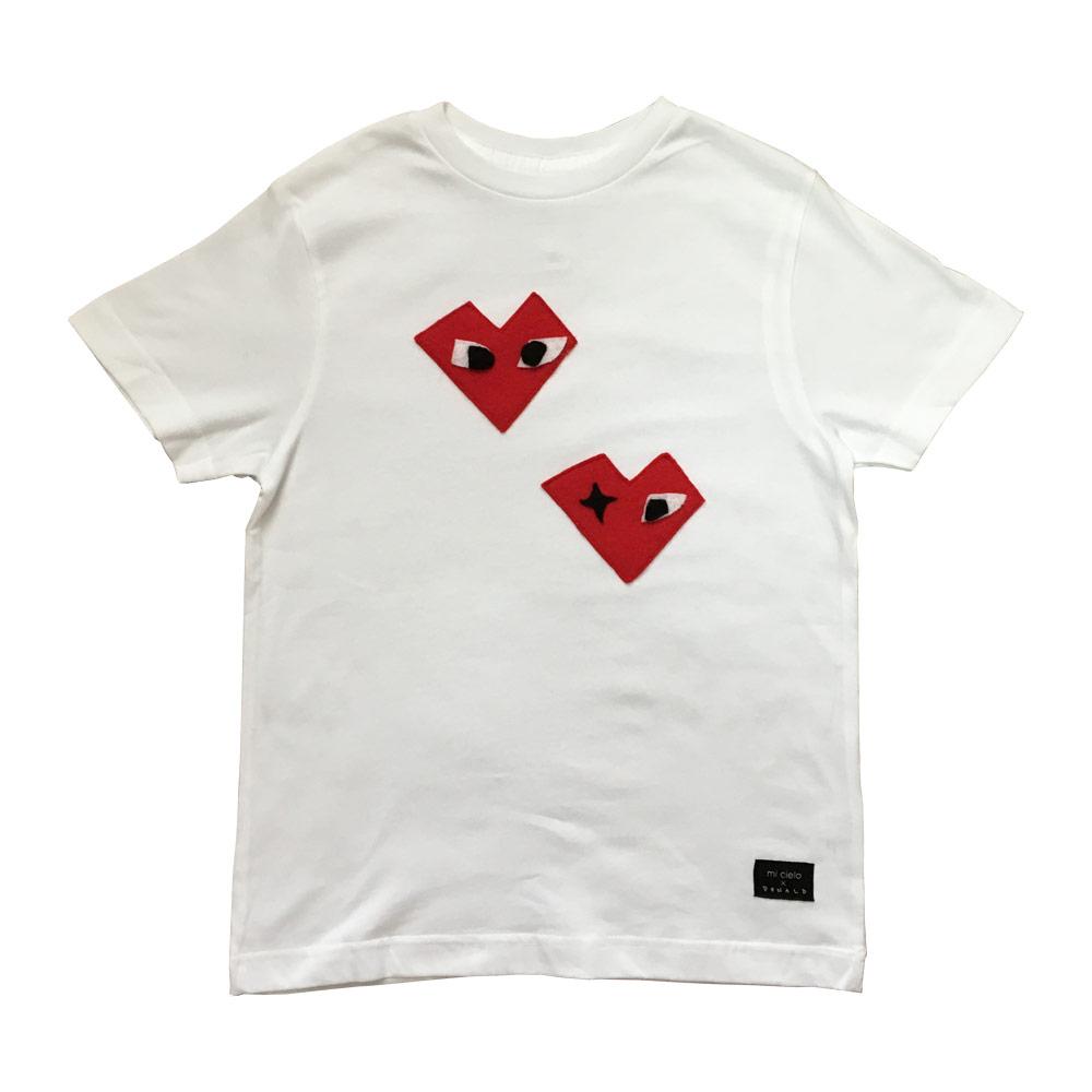 Kids T-shirt featuring I Heart design by Donald Robertson, handmade with felt appliqué on a white fabric.