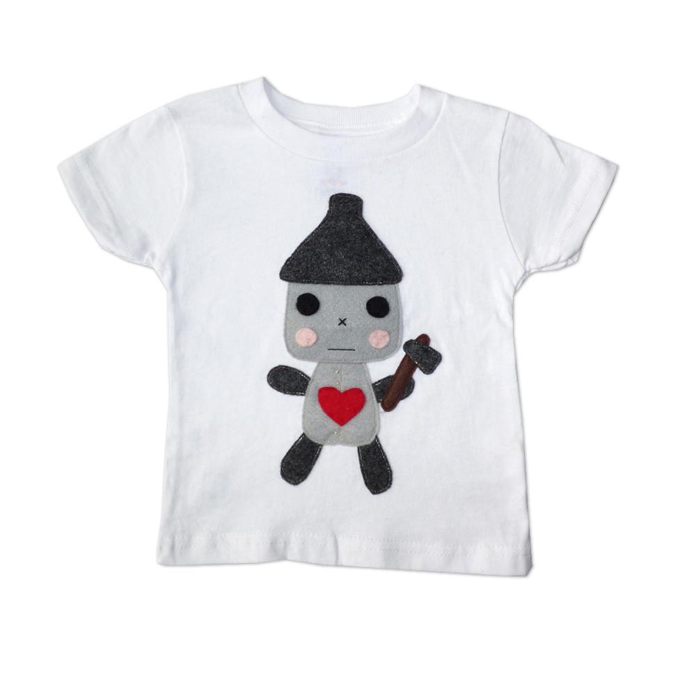 A handmade Kids T-shirt featuring a colorful felt appliqué design of the Tin Man, symbolizing love and creativity for children.