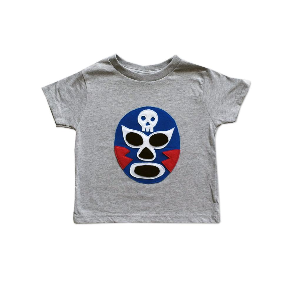 Vibrant Luchador Azul Kids T-shirt featuring colorful appliqué design, perfect for adventures.