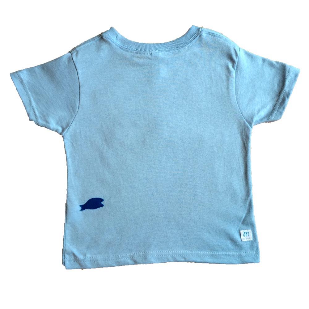 Kids T-shirt featuring a playful shark and fish design, handmade and hand-stitched by mi cielo in collaboration with Matthew Langille.