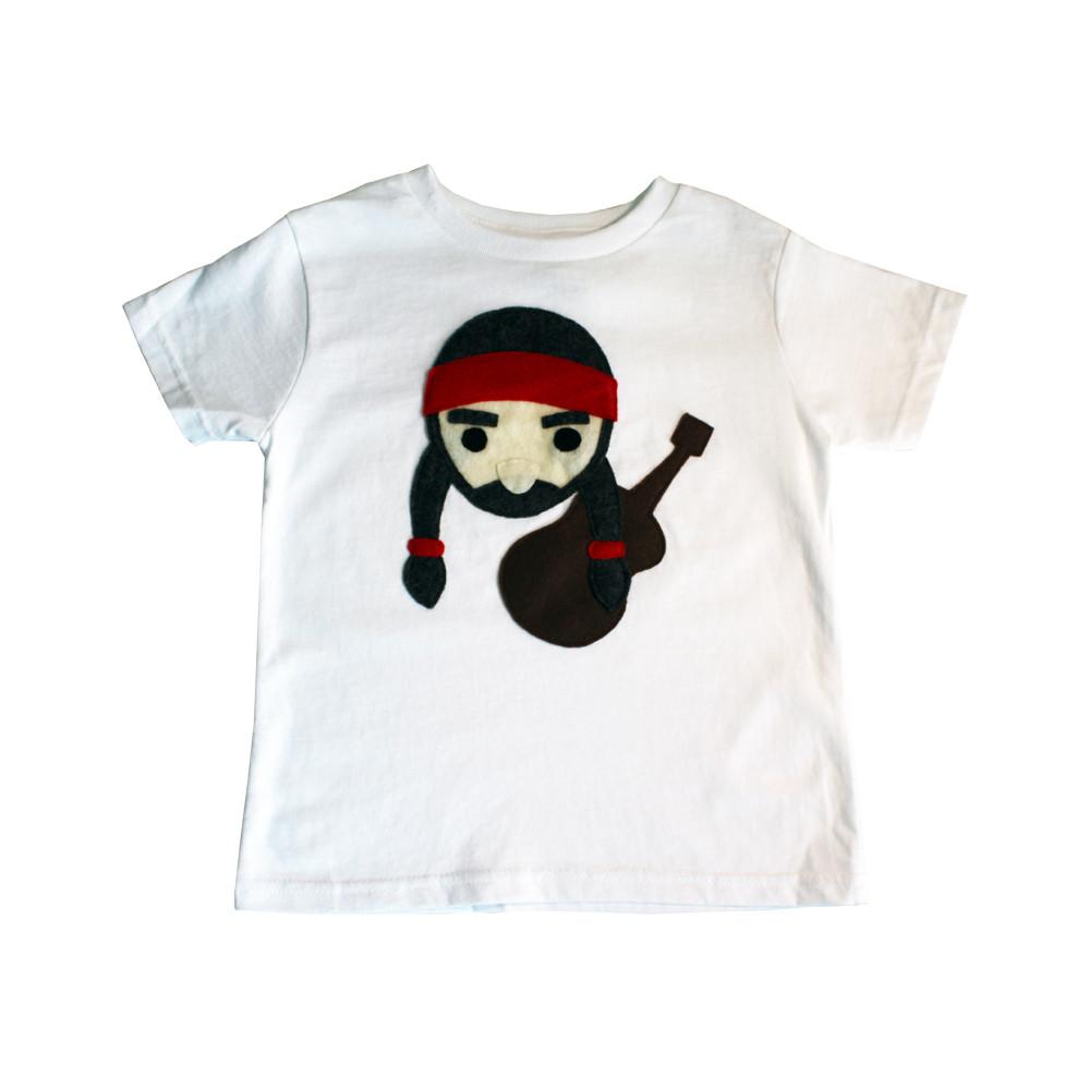 A colorful kids T-shirt featuring Willie the Music Man playing guitar, made with eco-friendly felt appliqué.