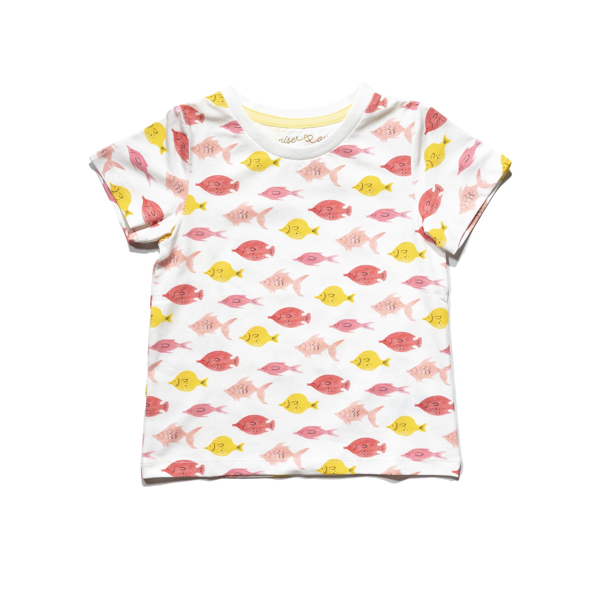 Kinsey tee in fishes print, featuring short sleeves and contrast color binding, made from stretchy cotton for kids aged 2T to 6T.